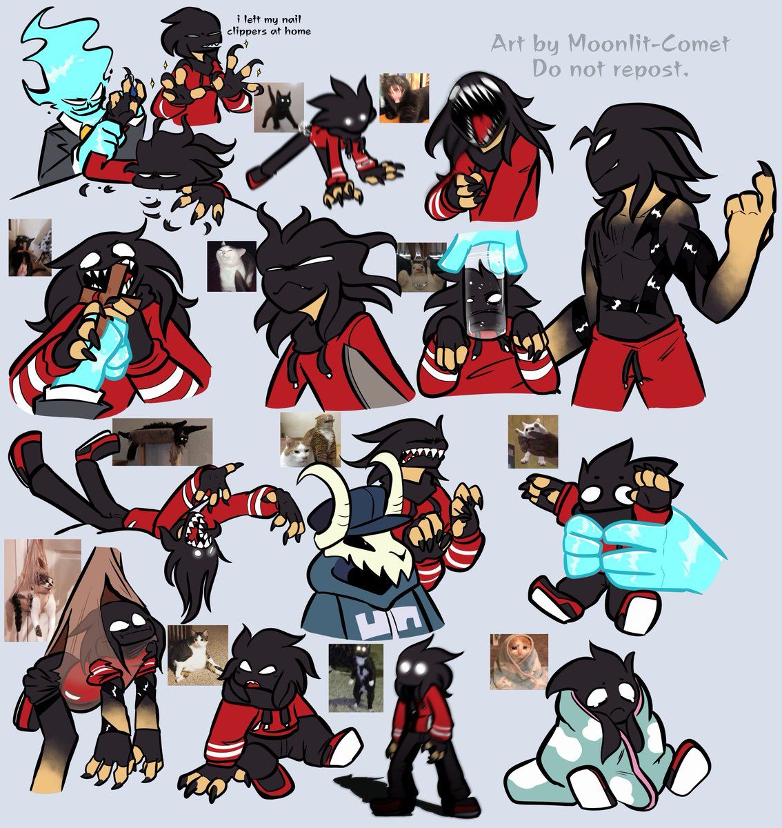 Moonlit Comet asked my server goers to send me cursed cat image so I could redraw them as AGOTI, here are the results [plus some others] #fnf #fridaynightfunkinfanart #fnfagoti #
