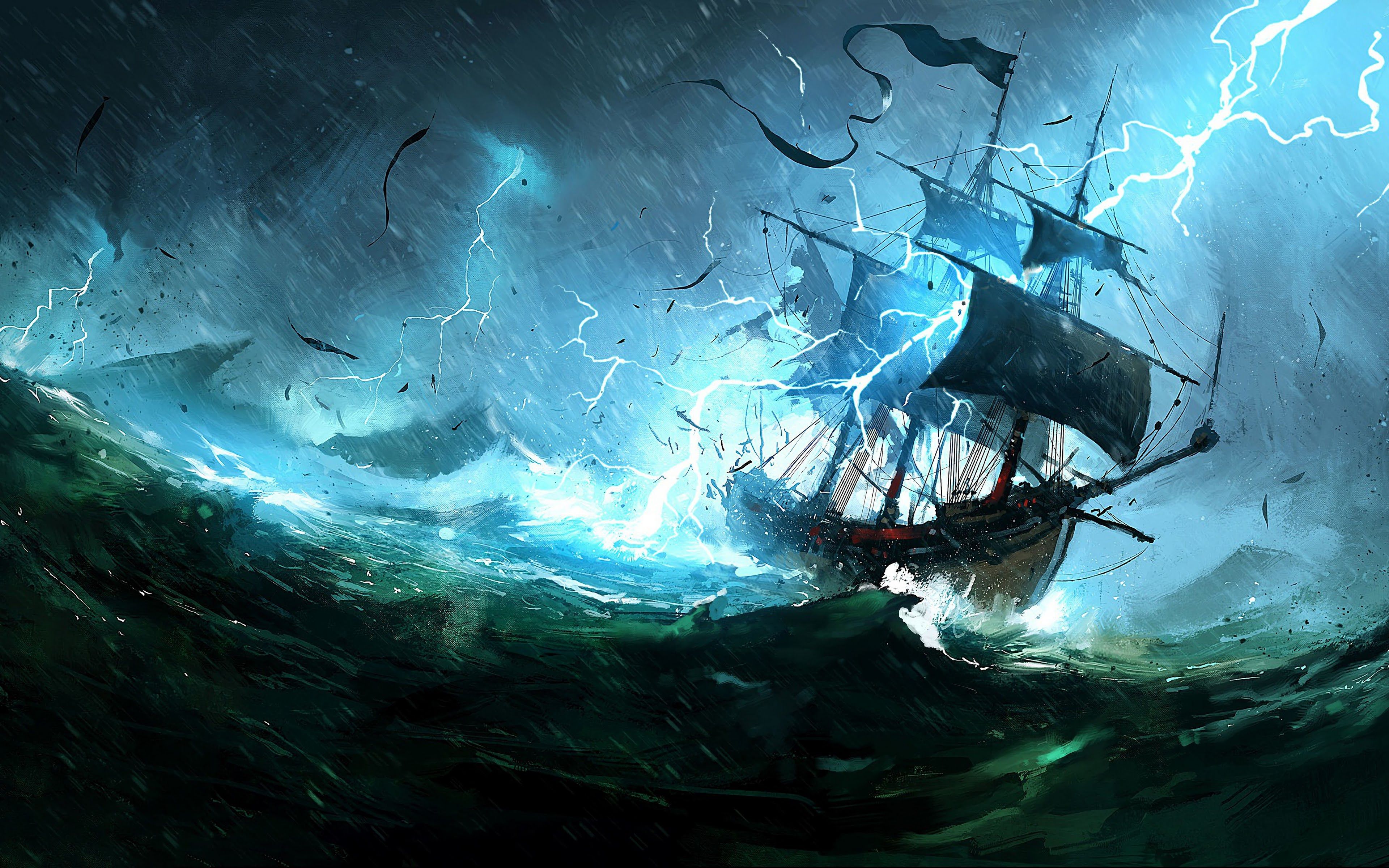 Medieval Ship Storm 4K Wallpaper