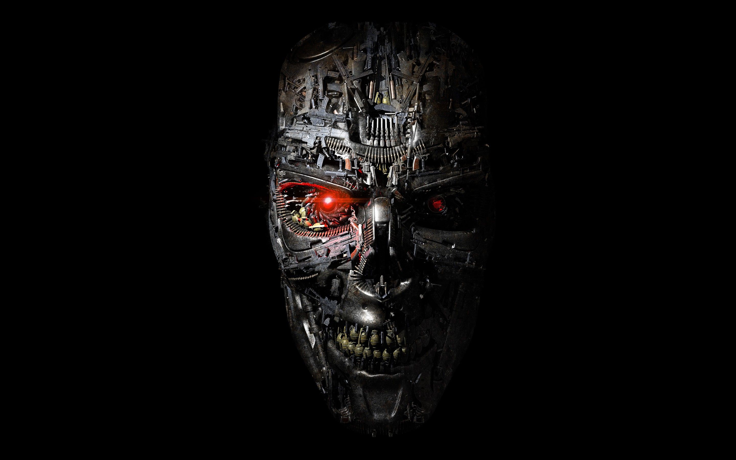 #steel, #digital art, #science fiction, #robot, #skull, #Terminator Genisys, #gears, #face, #red eyes, #cyborg, #CGI, #artwork, #movies, #T- #black background, #metal, #Terminator, #machine, #teeth, wallpaper. Mocah HD Wallpaper