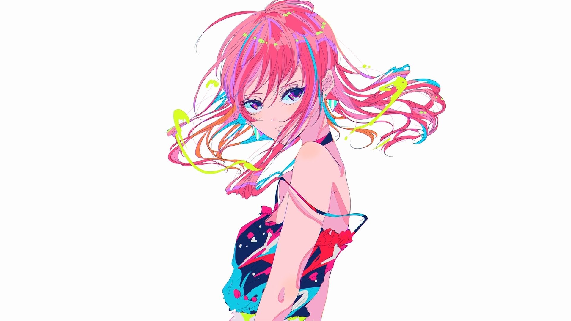 Anime girl, colorful hair and clothes, minimal wallpaper, HD image, picture, background, efcbb8
