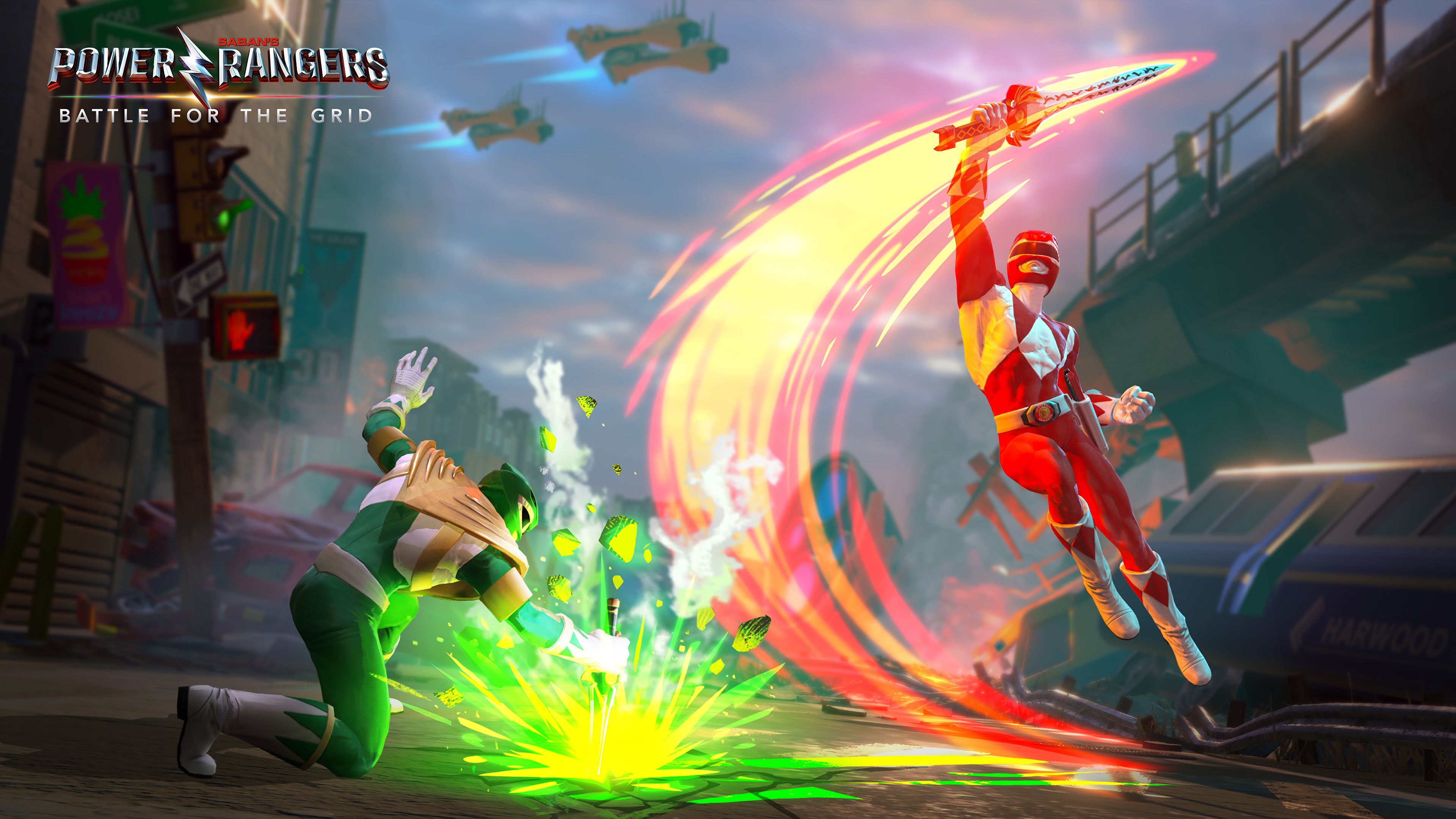 Red vs. Green Ranger Power Rangers: Battle for the Grid 4K Wallpaper
