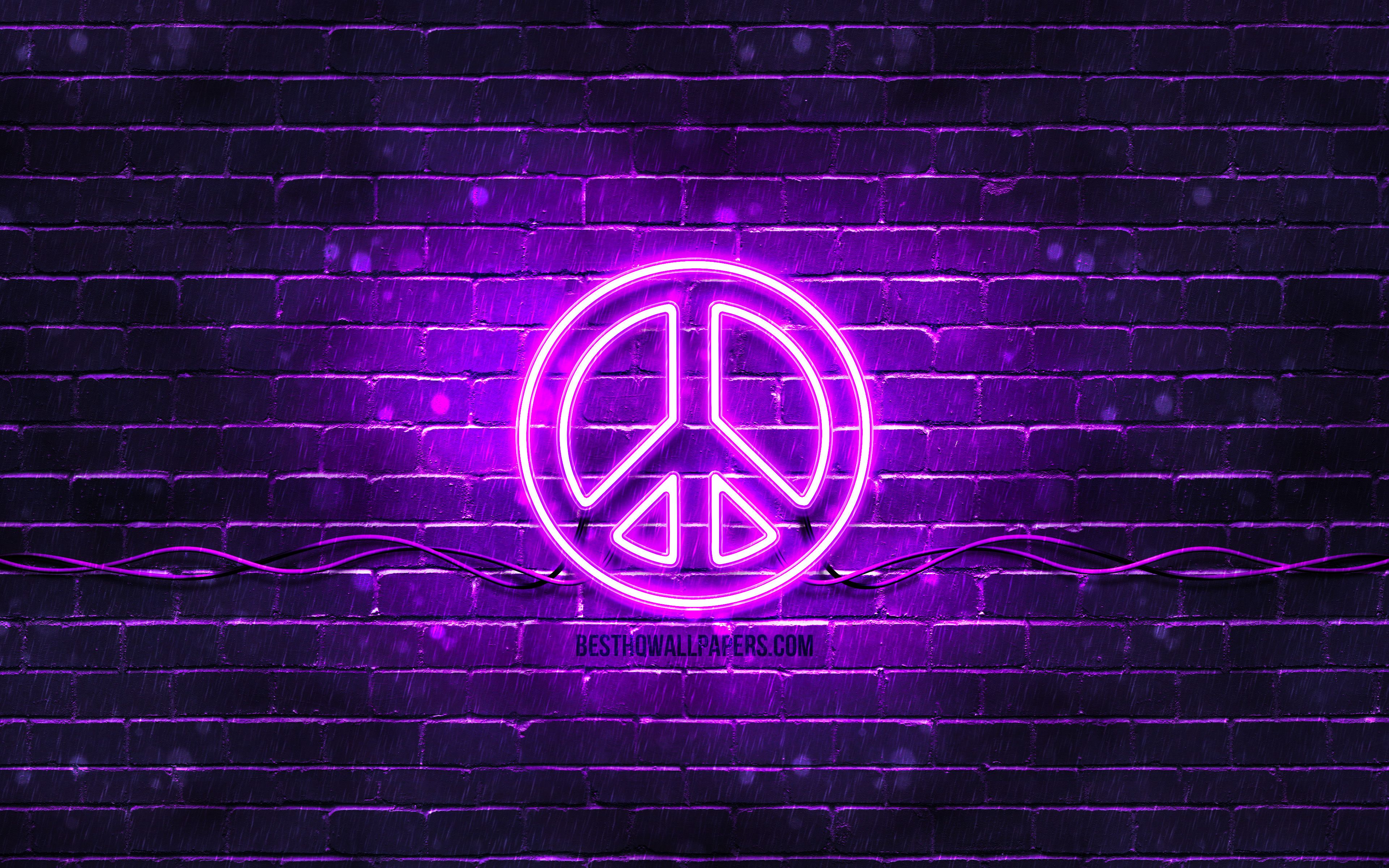 Download wallpaper Peace violet sign, 4k, violet brickwall, Peace symbol, creative, Peace neon sign, Peace sign, Peace for desktop with resolution 3840x2400. High Quality HD picture wallpaper