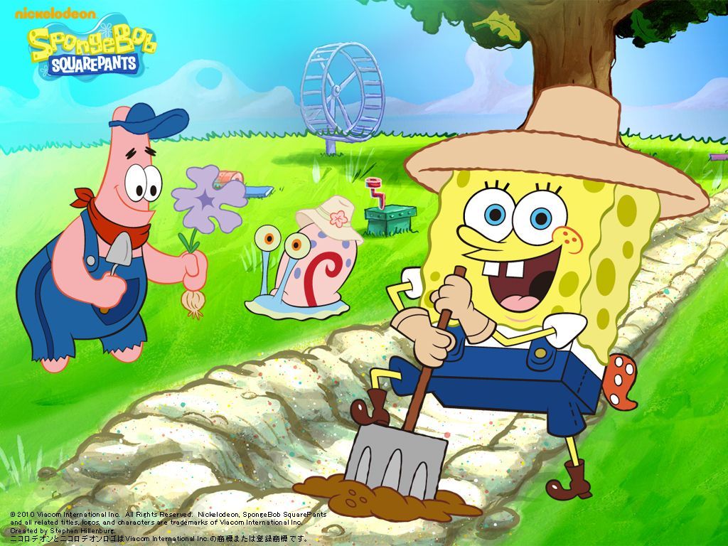 Spongebob and Patrick in the garden wallpaper 1024x768. Spongebob