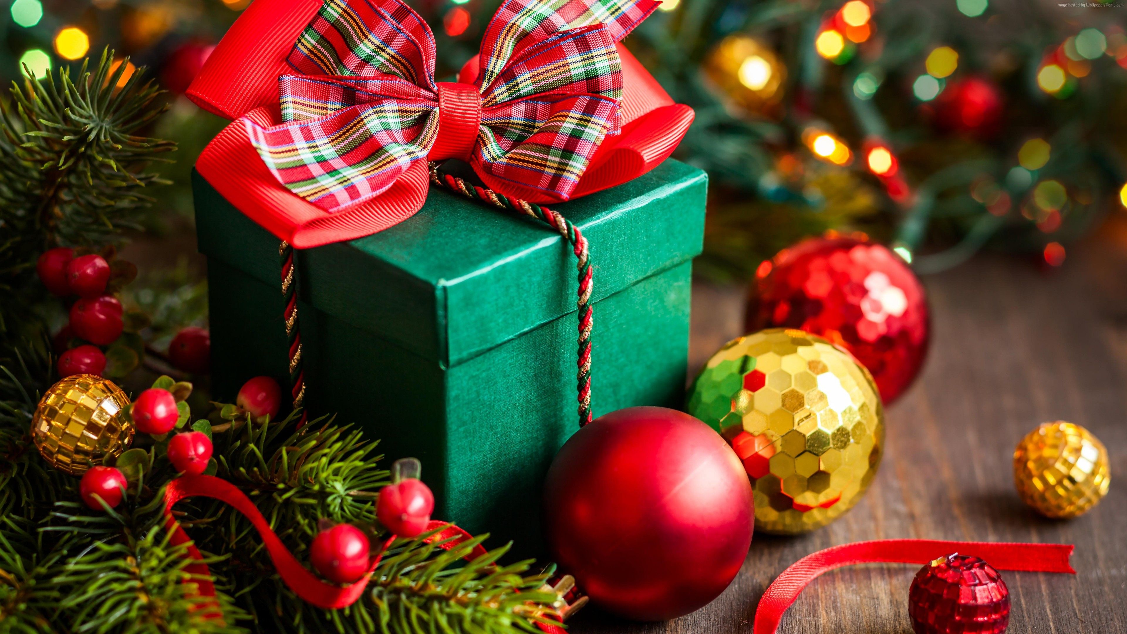 Wallpaper Christmas, New Year, Gift, Box, Balls, Fir Tree, Decorations, Holidays Wallpaper Download Resolution 4K Wallpaper