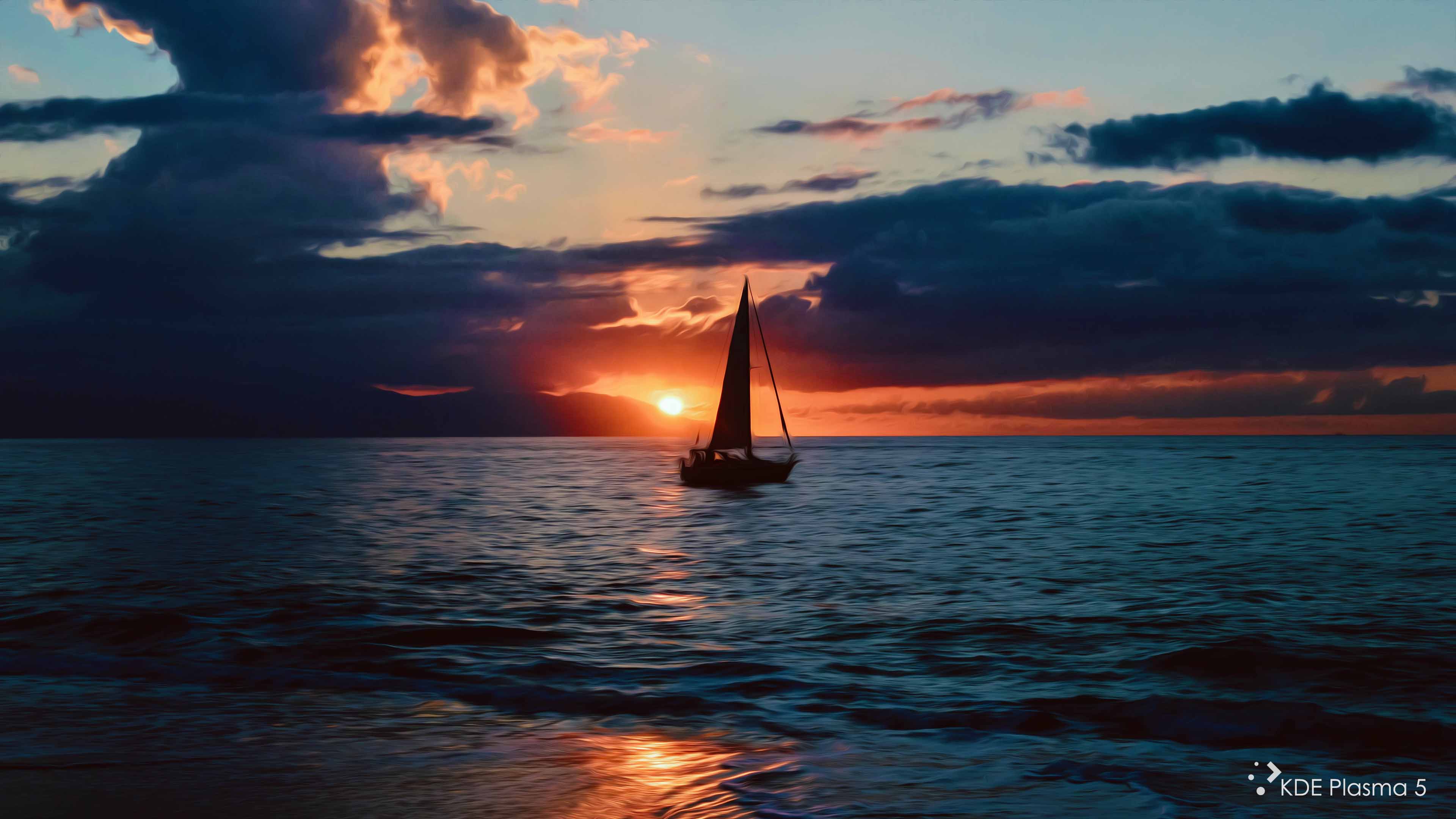 Sailboat on Sea During Sunset Oil Painting 4K Wallpaper