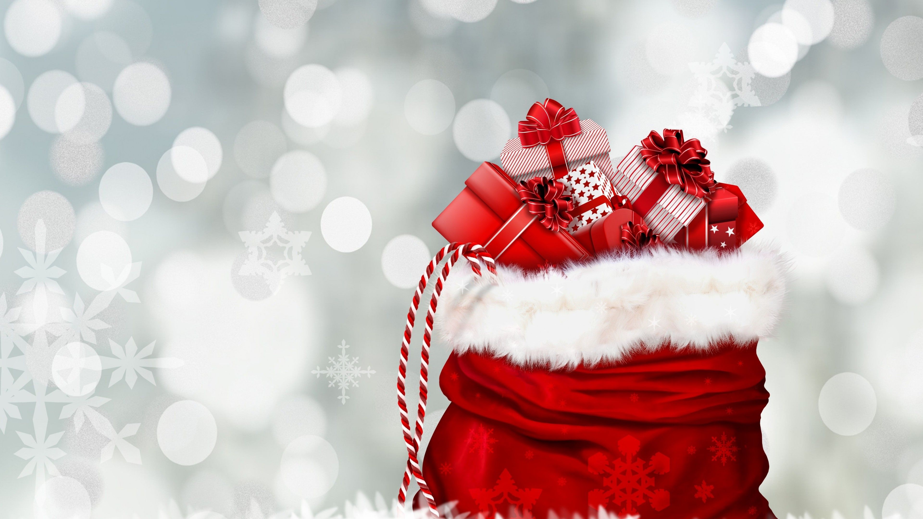 Gifts 4K Wallpaper, Santa's Bag, Presents, Bokeh, Lights, Christmas Eve, Xmas Background, Celebrations Christmas