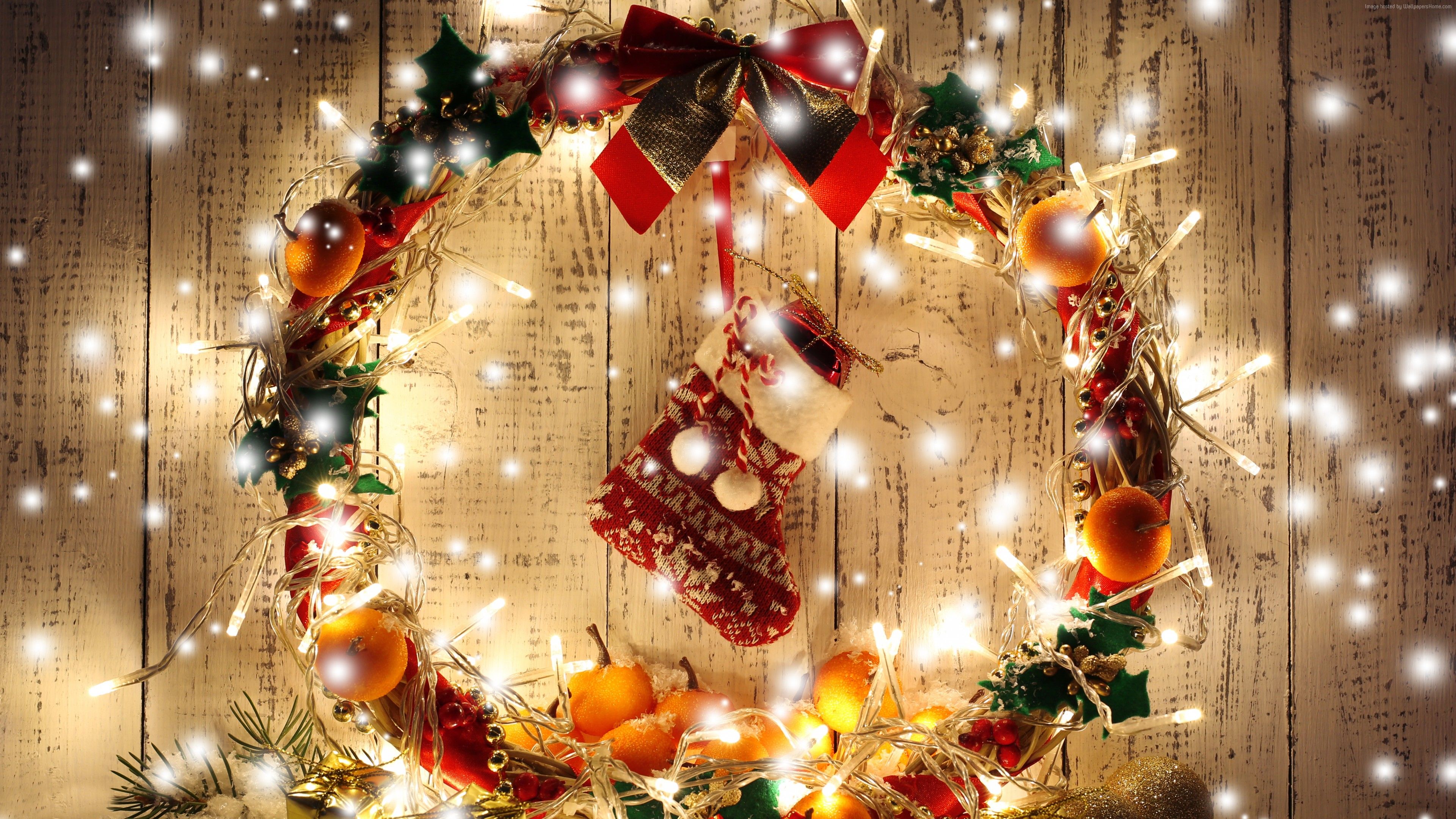 Wallpaper Christmas, New Year, Wreath, garland, gift, balls, decorations, Holidays Wallpaper Download Resolution 4K Wallpaper