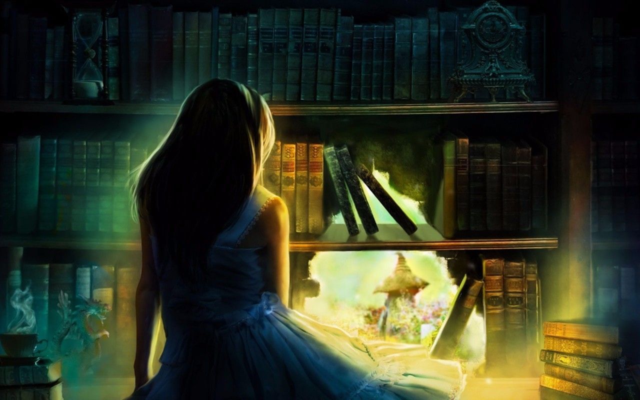 Wallpaper, 1280x800 px, books, clocks, digital art, dragon, fairy tale, fantasy art, hourglasses, lights, long hair, rear view, shelves, sitting, white dress, women 1280x800