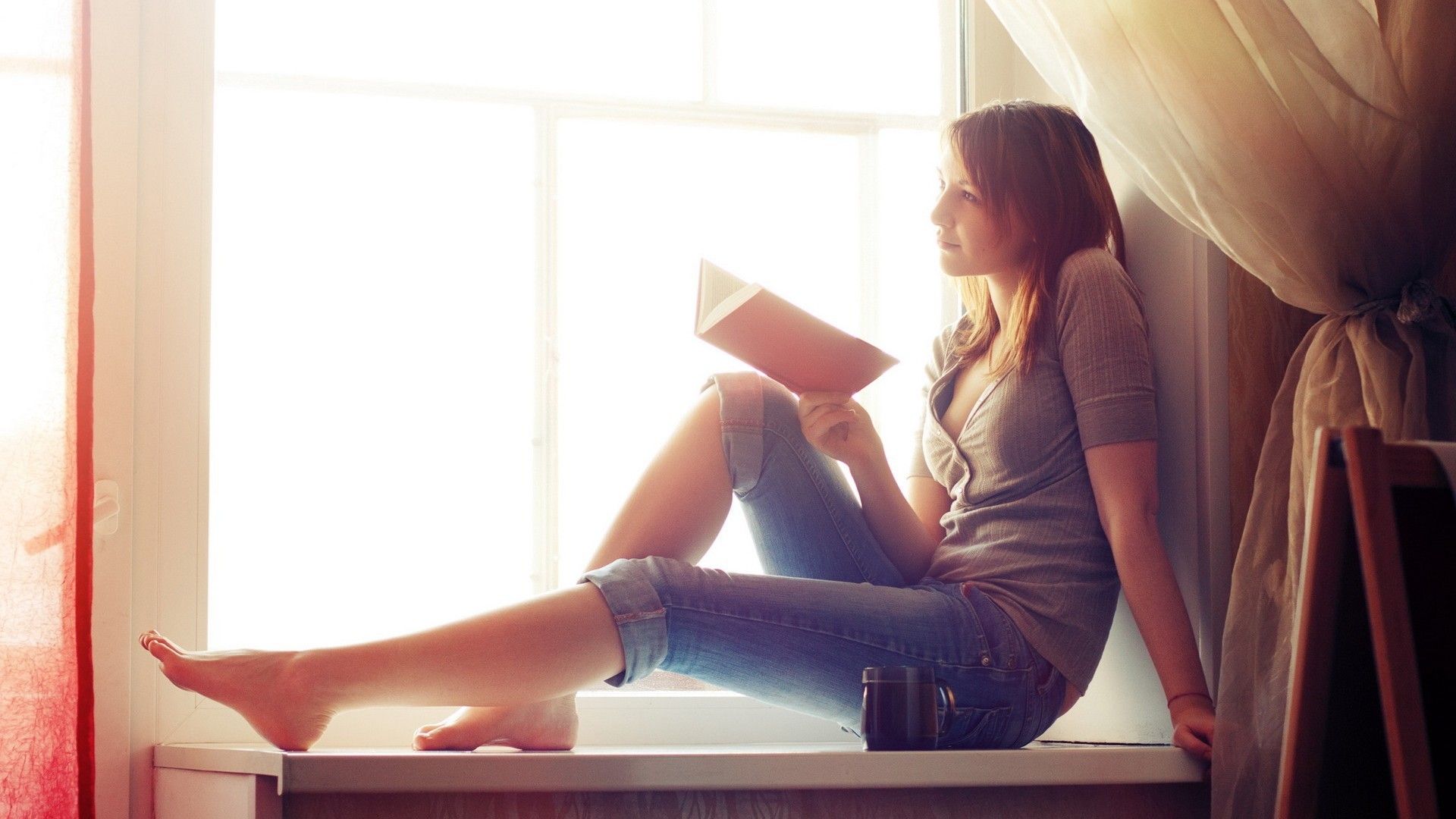 books women window feet jeans redhead Wallpaper HD / Desktop and Mobile Background