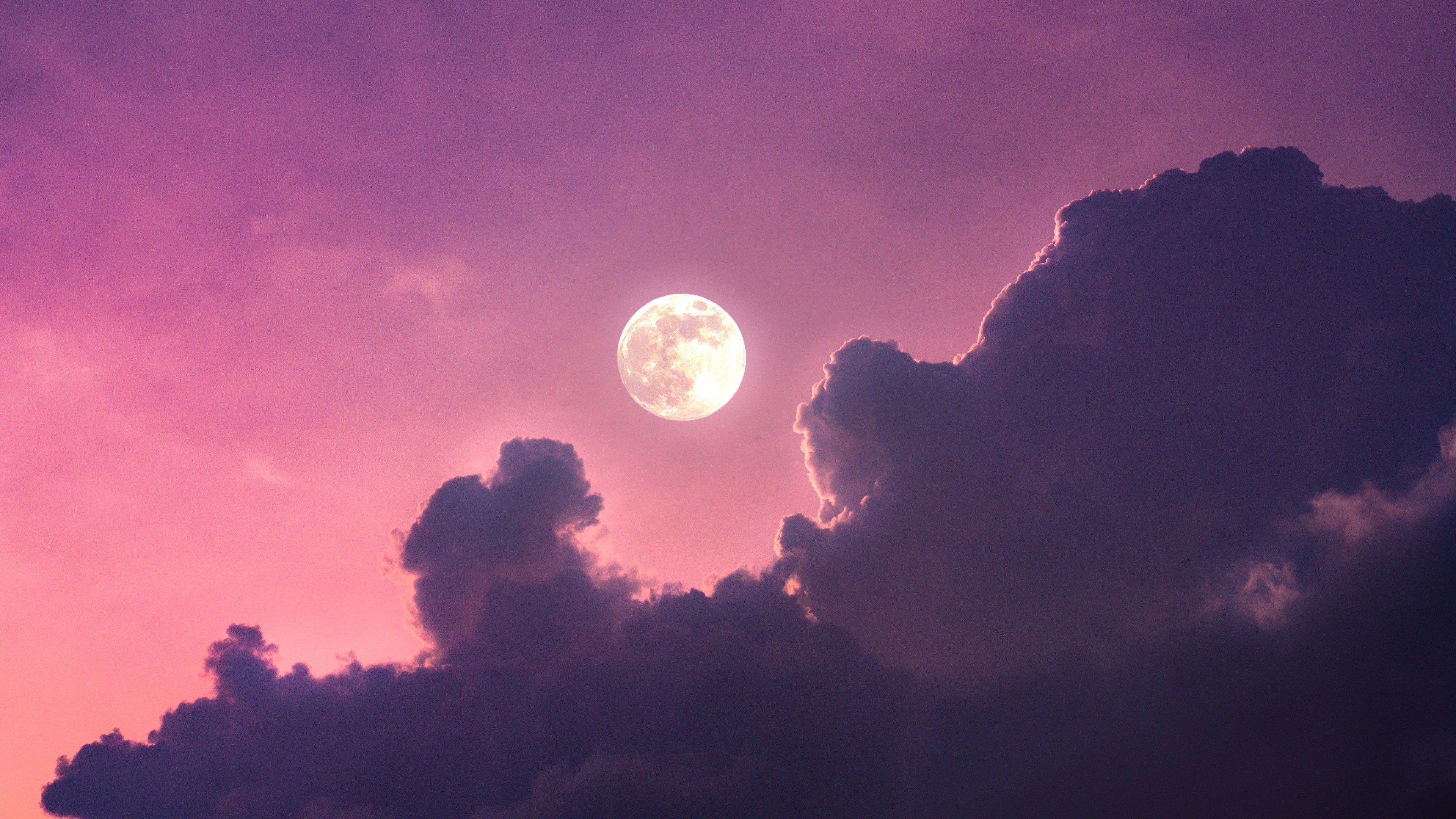 Full moon 4K Wallpaper, Clouds, Pink sky, Scenic, Aesthetic, Nature