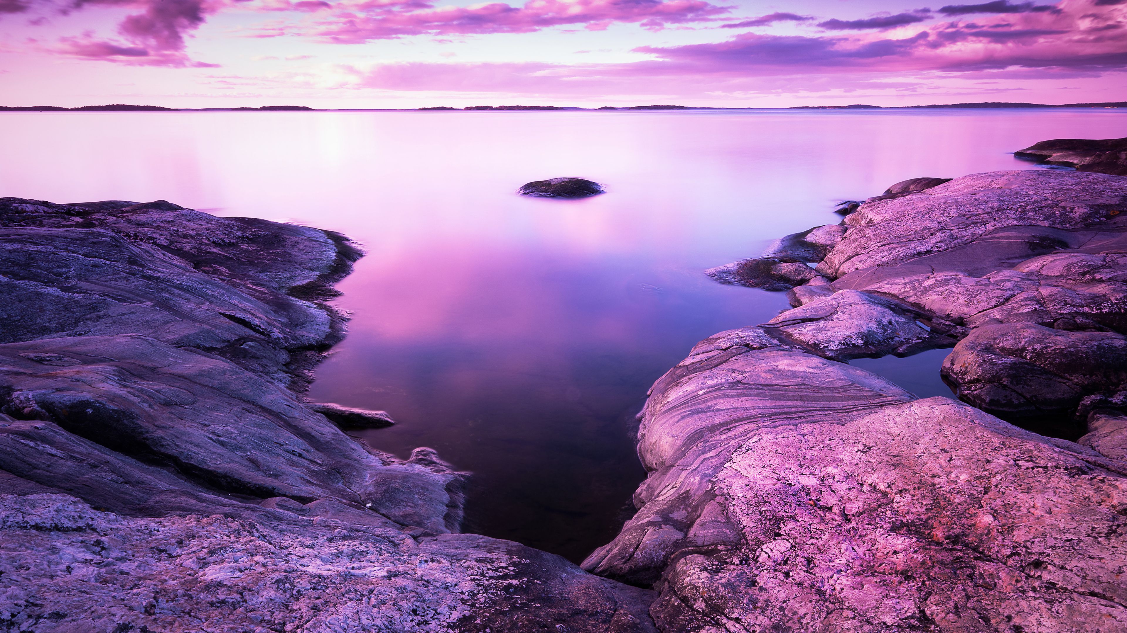 Sunset, Scenery, Rocks, Lake, Purple sky, Pink, 4k Free deskk wallpaper, Ultra HD