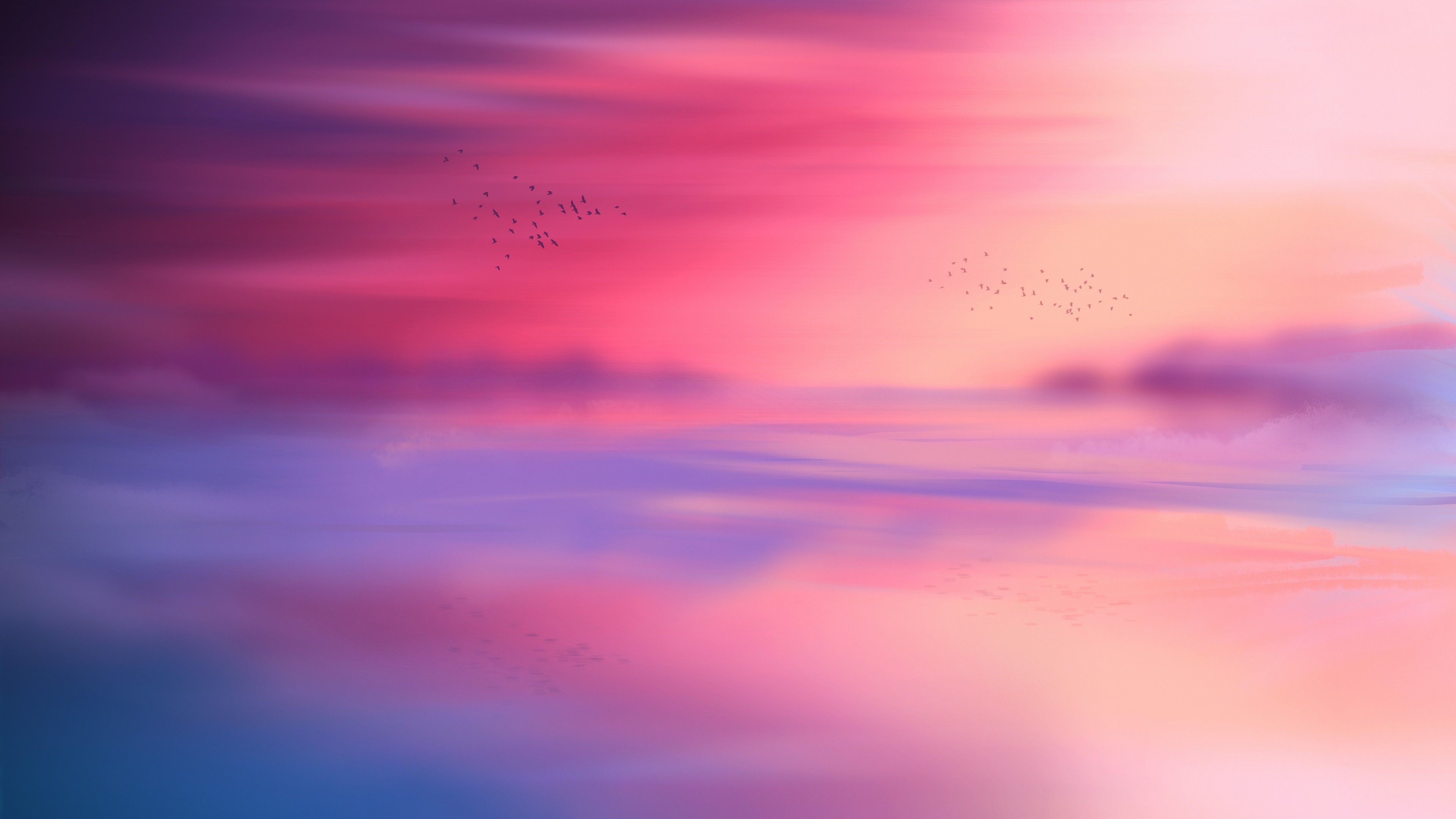 Pink sky 4K Wallpaper, Horizon, Scenic, Flying birds, Seascape, Sunset, Aesthetic, 5K, 8K, Nature