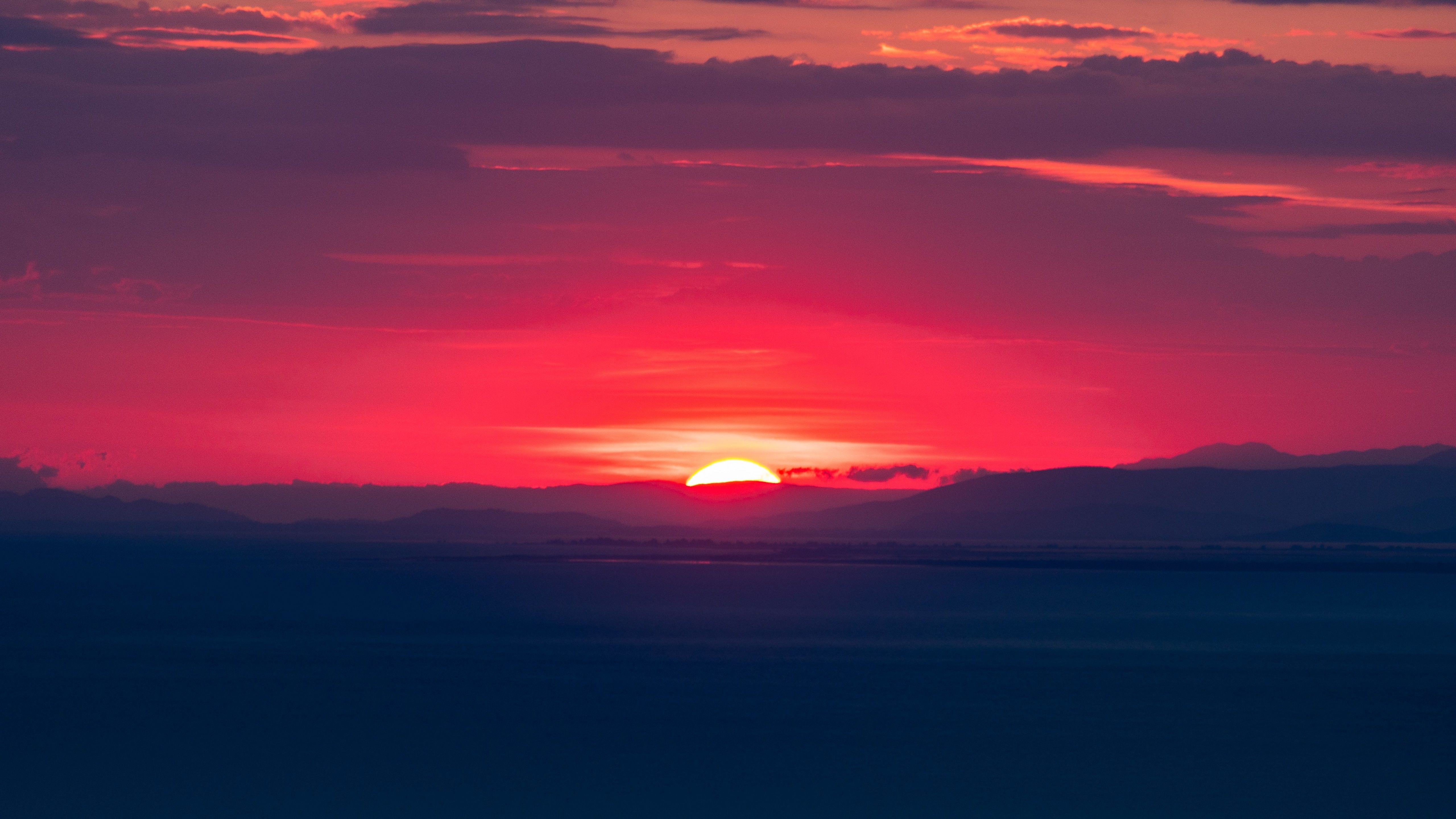 Sunset 4K Wallpaper, Hills, Red Sky, Horizon, Dawn, 5K, Nature