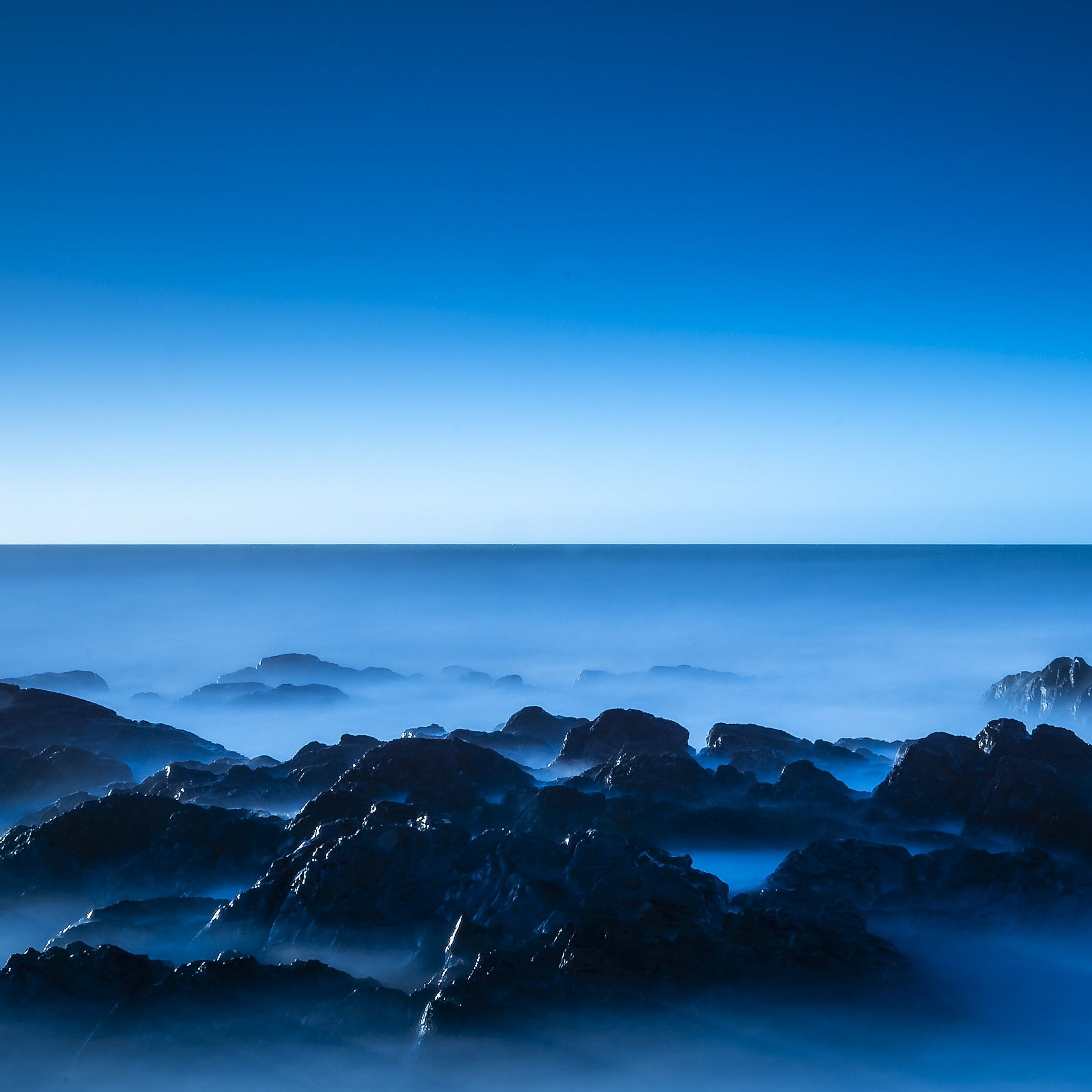 Seascape 4K Wallpaper, Blue, Horizon, Clear sky, Ocean, Rocks, Sunrise, Dawn, Blue sky, 5K, Nature