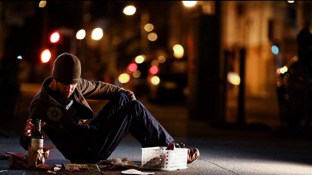 Boy roadside bottle wine asphalt pavement drink hat jacket evening journal lights man wallpaperx1080