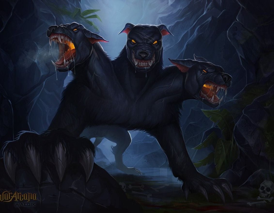 It's Cerberus, Hades' three headed dog whom guards his black palace. Mythical creatures art, Demon dog, Mythical creatures