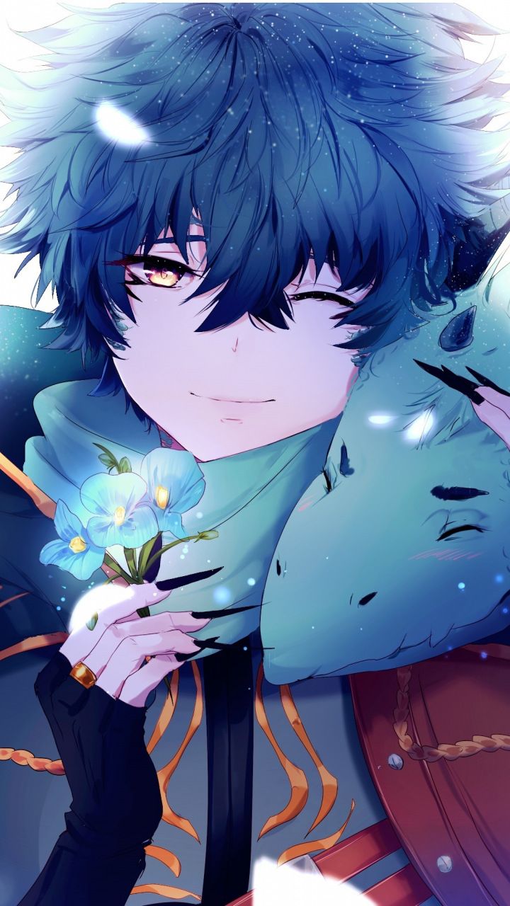 Anime boy, dragon, blue flowers, original, artwork, 720x1280 wallpaper. Blue anime, Anime wallpaper, Anime