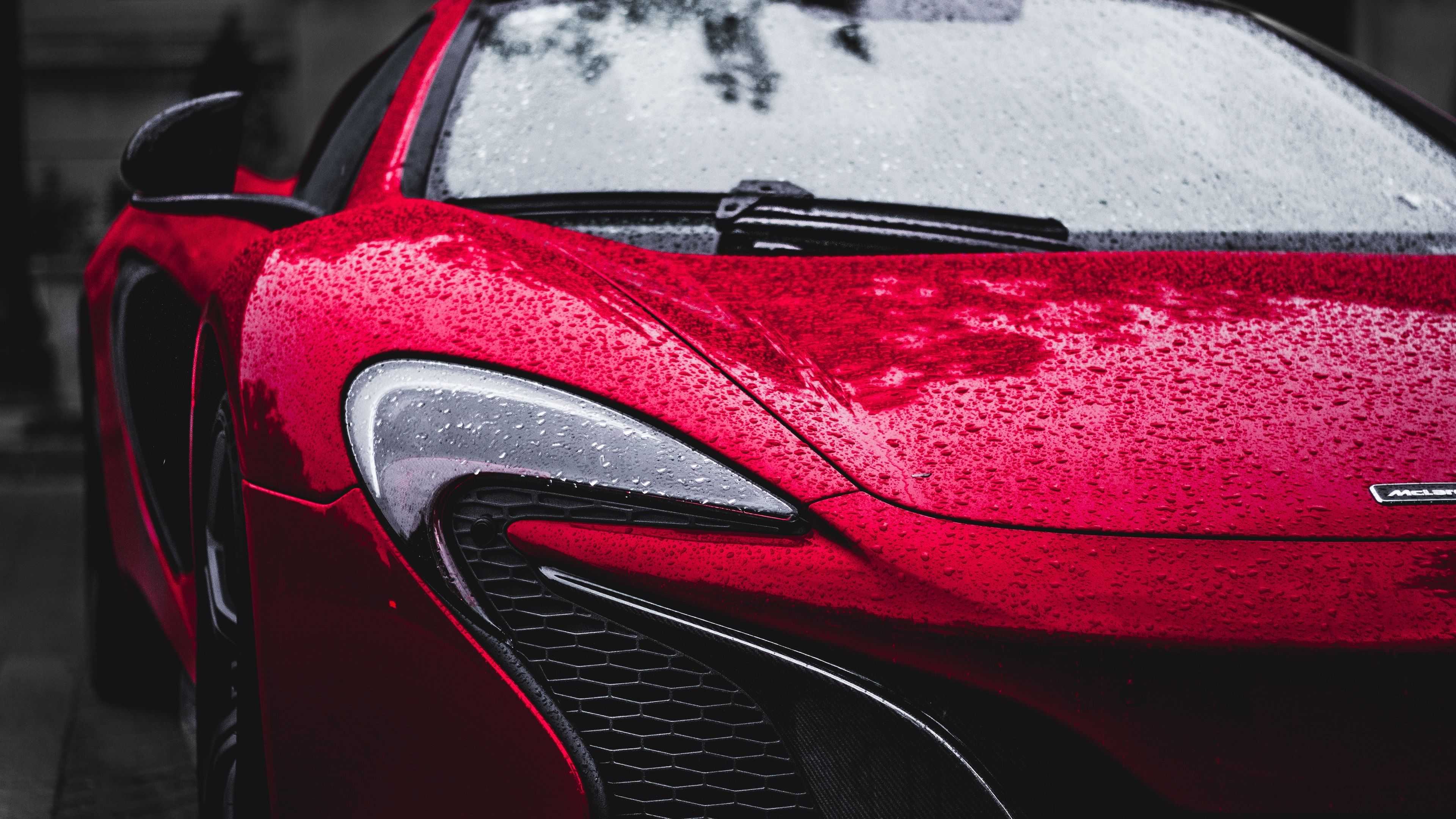 Wallpaper McLaren red car front view, headlight, after rain, water drops 3840x2160 UHD 4K Picture, Image