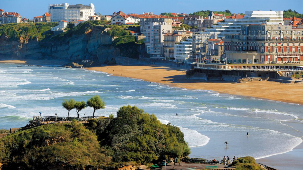 Biarritz Basque Country France world cities architecture buildings resort nature beaches ocean sea harbor waves surf trees vacation travel wallpaperx1080