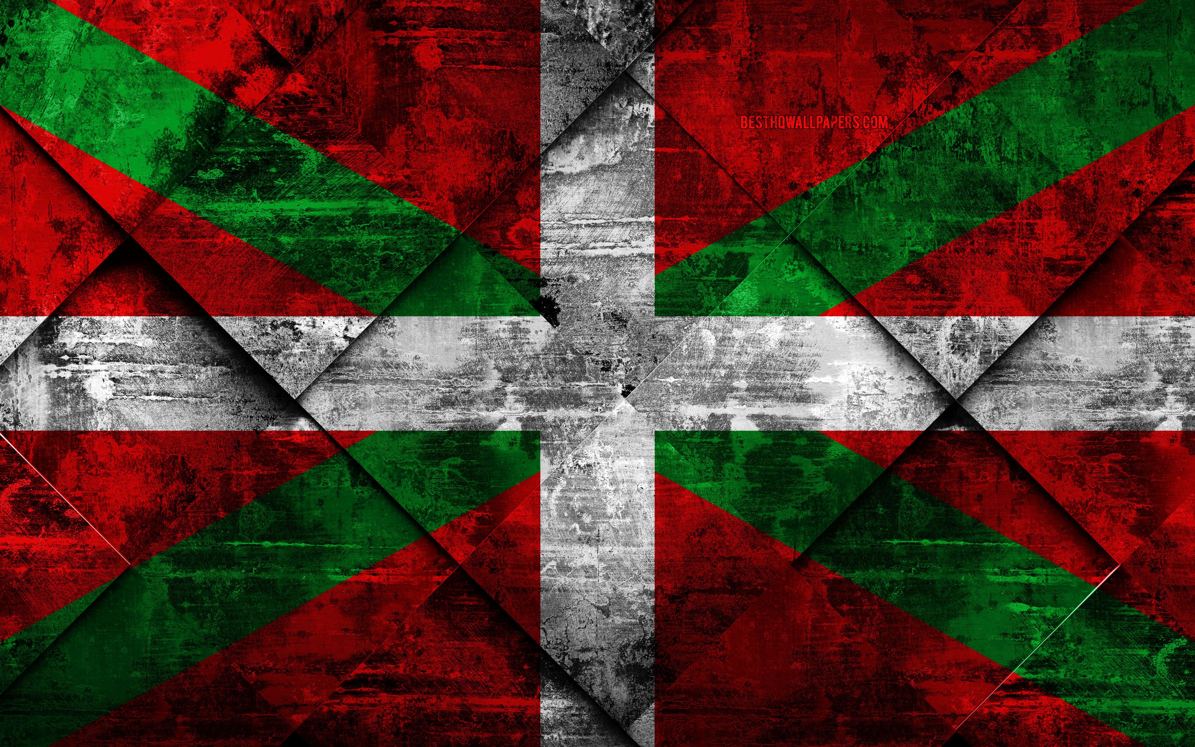 Download wallpaper Flag of Basque Country, grunge art, rhombus grunge texture, Spanish autonomous community, Basque Country flag, Spain, Basque Country, Communities of Spain, creative art for desktop with resolution 3840x2400. High Quality