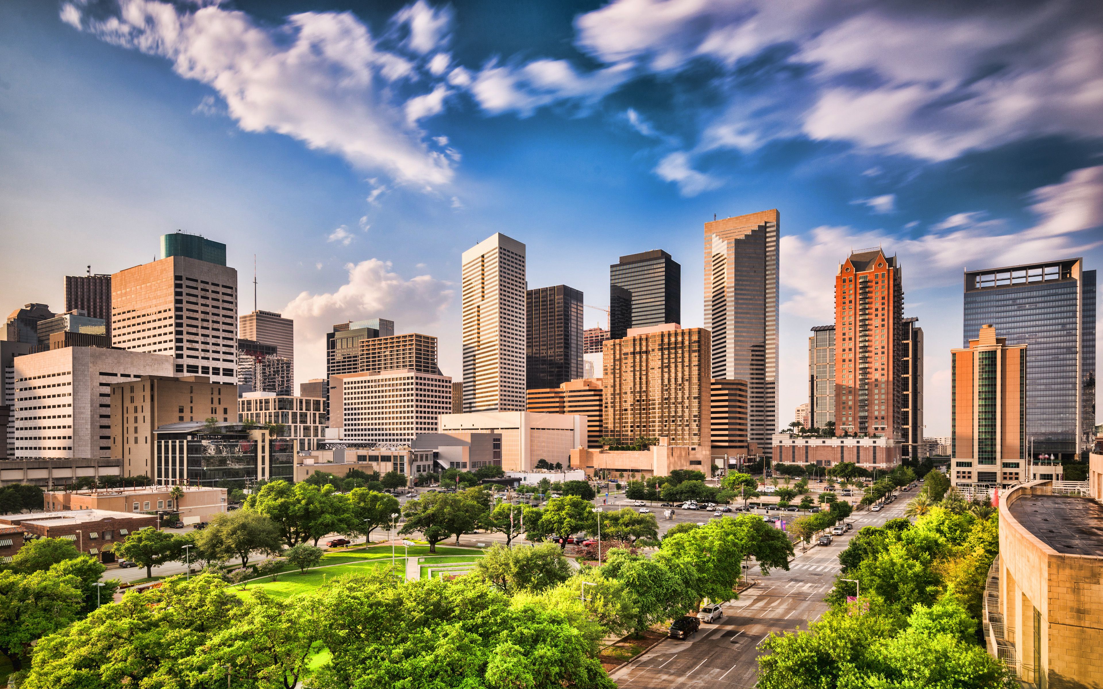 Download wallpaper 4k, Houston, summer, cityscapes, Texas, USA, american cities, America, modern buildings, HDR, City of Houston, Cities of Texas for desktop with resolution 3840x2400. High Quality HD picture wallpaper