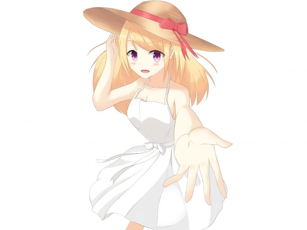 Desktop wallpaper cute, anime girl, blonde, hat, summer, HD image, picture, background, d882e9
