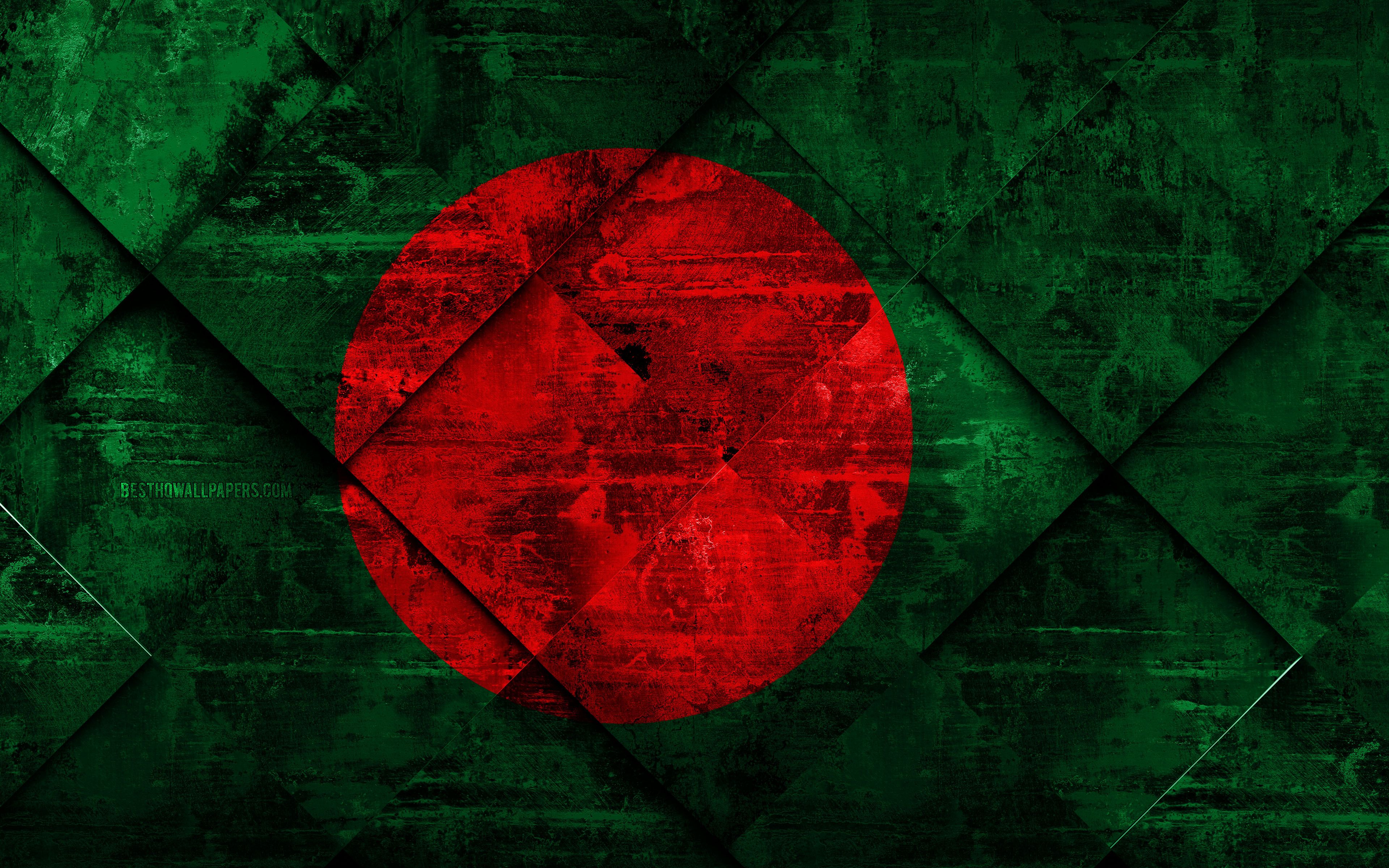 Download wallpaper Flag of Bangladesh, 4k, grunge art, rhombus grunge texture, Bangladesh flag, Asia, national symbols, Bangladesh, creative art for desktop with resolution 3840x2400. High Quality HD picture wallpaper