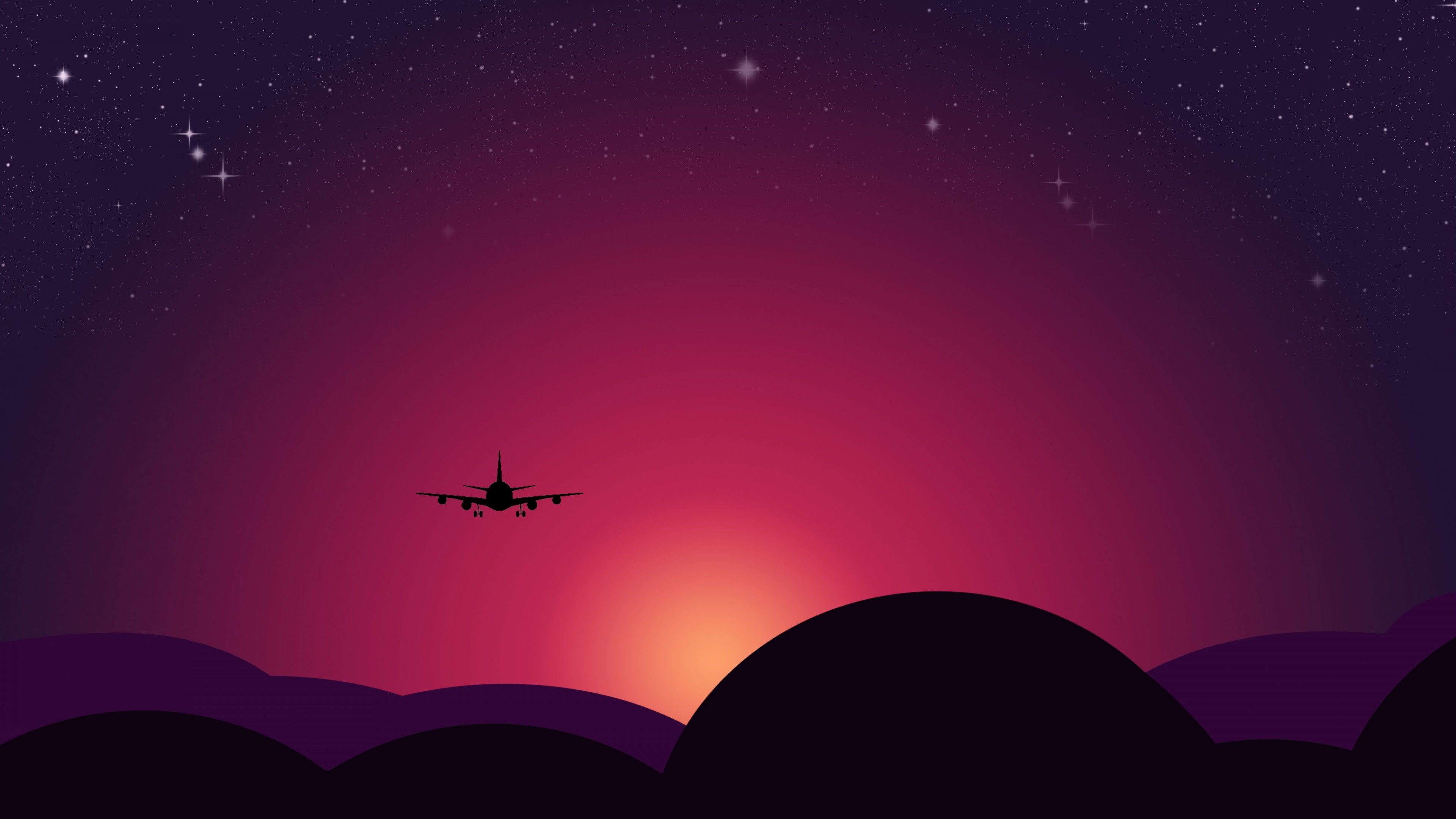 Plane 4K Wallpaper, Sunset, Starry sky, Illustration, Red sky, Photography