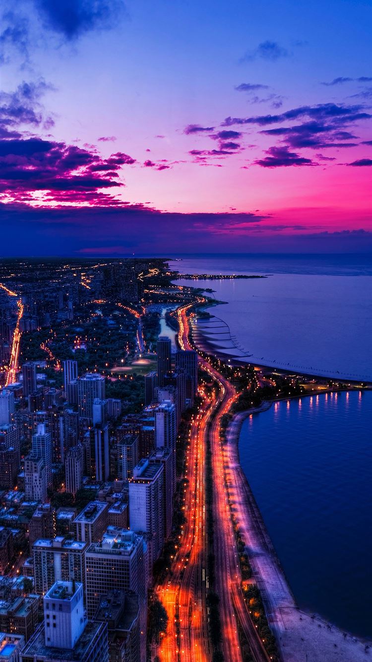 Chicago city night sky view scape ocean