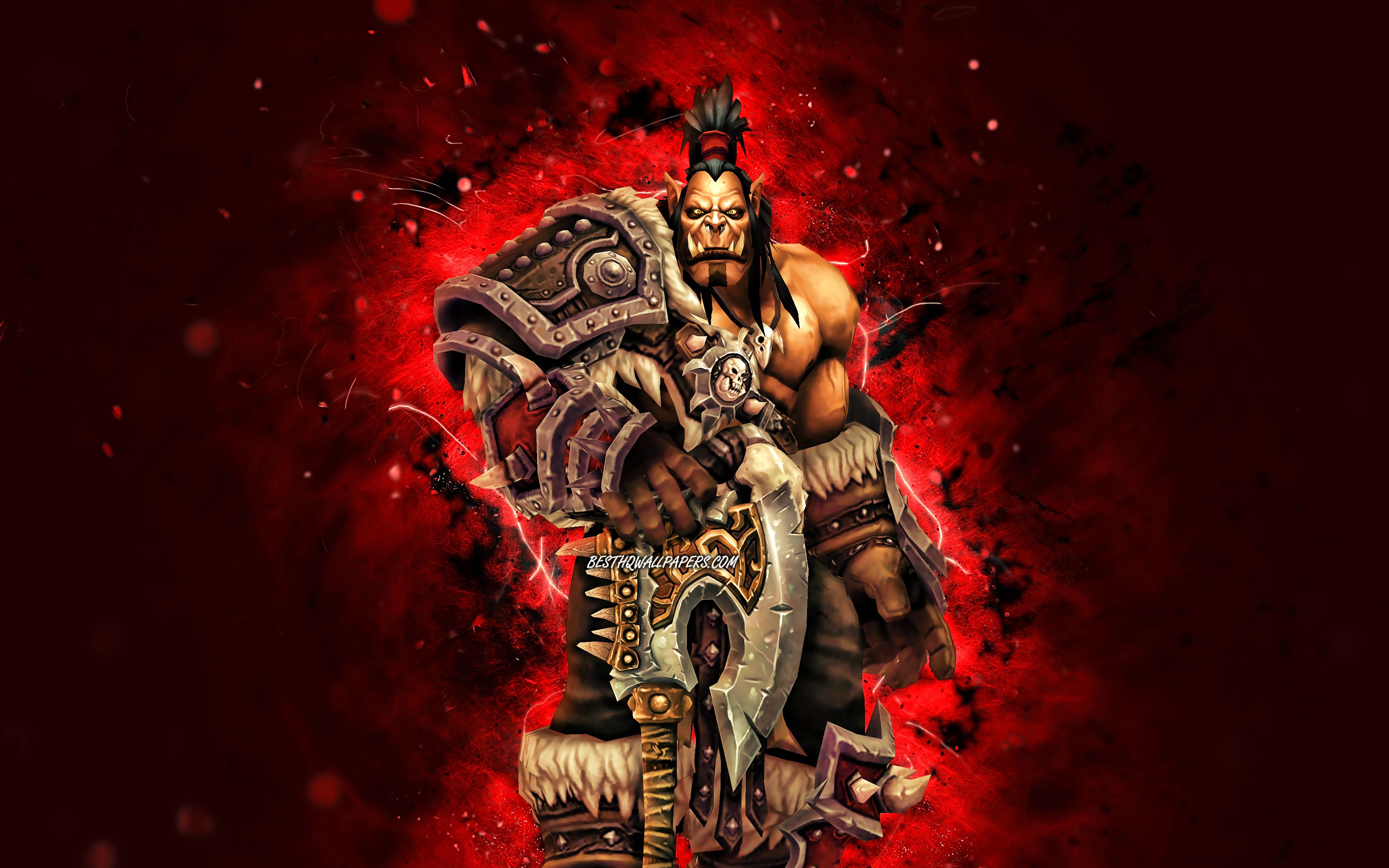 Download wallpaper Grommash Hellscream, 4k, red neon lights, World of Warcraft, Grom, WoW, monstr, World of Warcraft Shadowlands, Grommash Hellscream World of Warcraft for desktop with resolution 3840x2400. High Quality HD picture