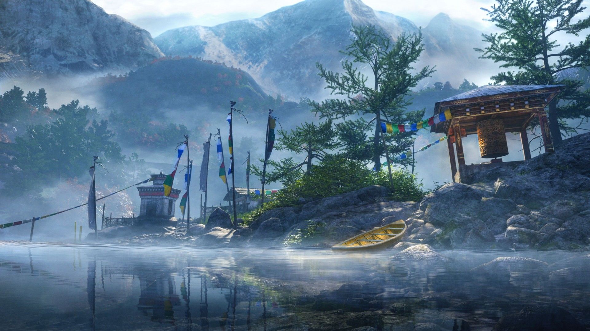 Wallpaper Far Cry game, open world, Adventure games, shooter, Kyrat, Himalayas, mountain, Tibet, boat, lake, screenshot, Games