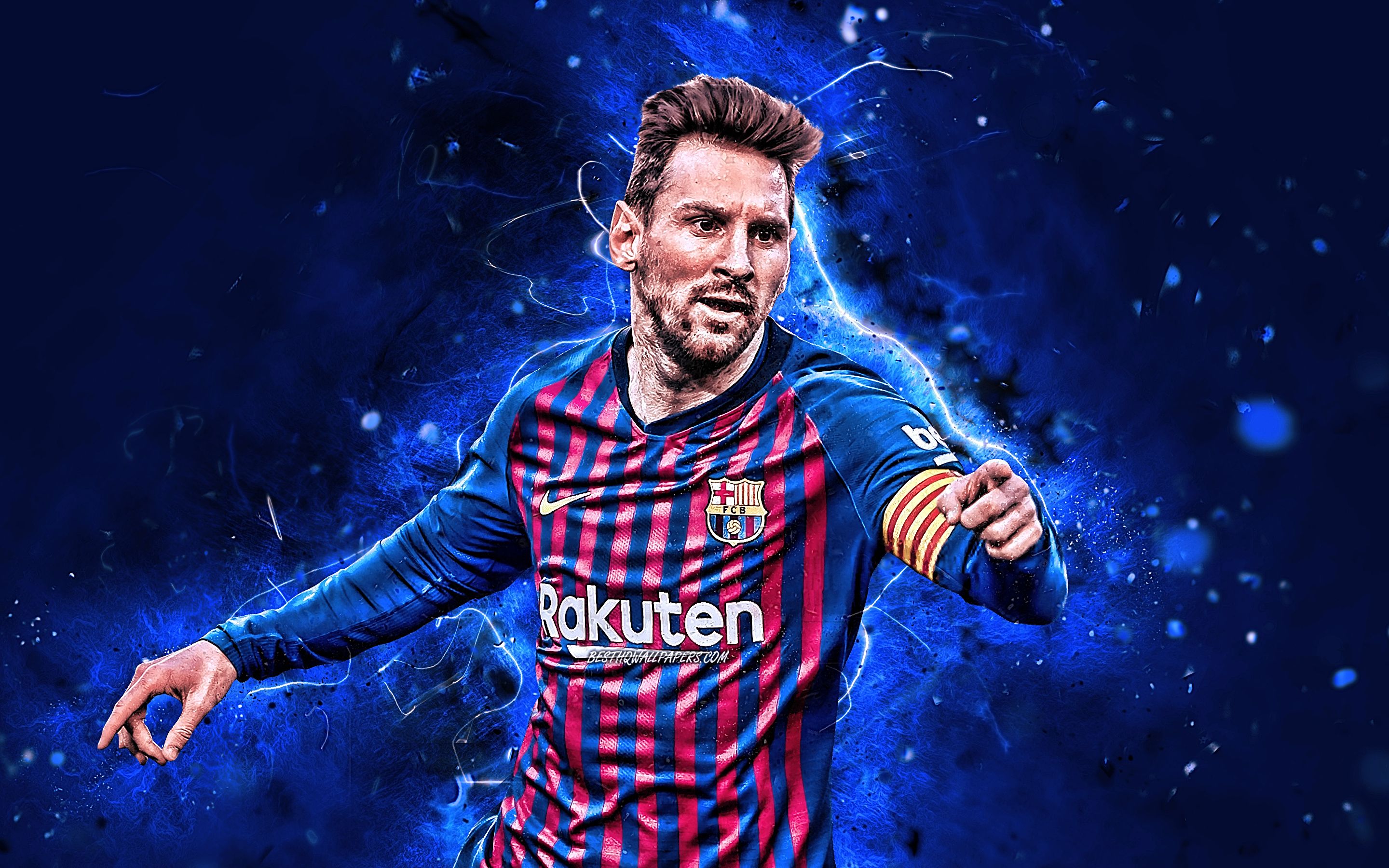 Download Wallpaper Lionel Messi, Close Up, FCB, Barcelona FC, Match, Argentinian Footballers, La Liga, Messi, Football Stars, Leo Messi, Neon Lights, LaLiga, Spain, Barca, Soccer For Desktop With Resolution 2880x1800. High Quality HD