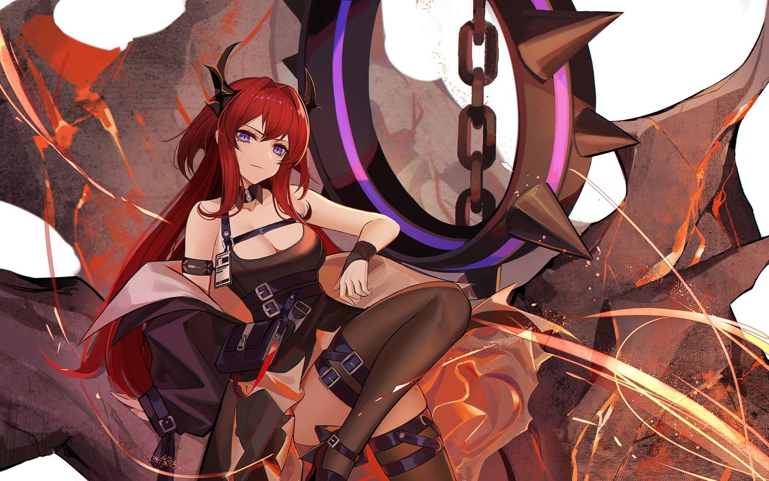 arknights chain eternity (pixiv8012826) garter horns long hair purple eyes red hair surtr (arknights) thighhighs. konachan.net.com Anime Wallpaper