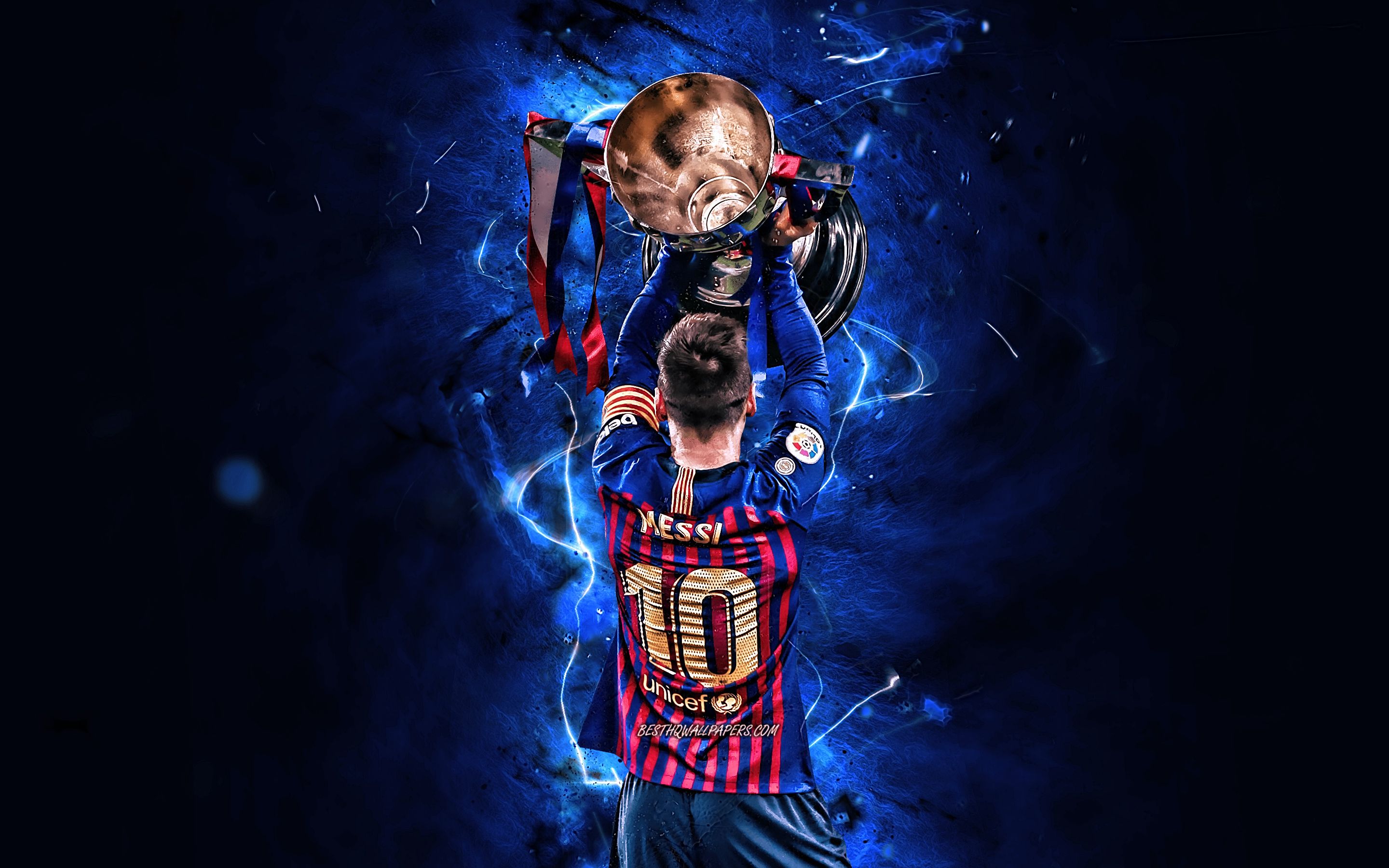 Download wallpaper Lionel Messi with cup, back view, Barcelona FC, argentinian footballers, joy, Lionel Messi, FCB, La Liga, Messi, Leo Messi, football stars, neon lights, LaLiga, Spain, Barca, soccer for desktop with