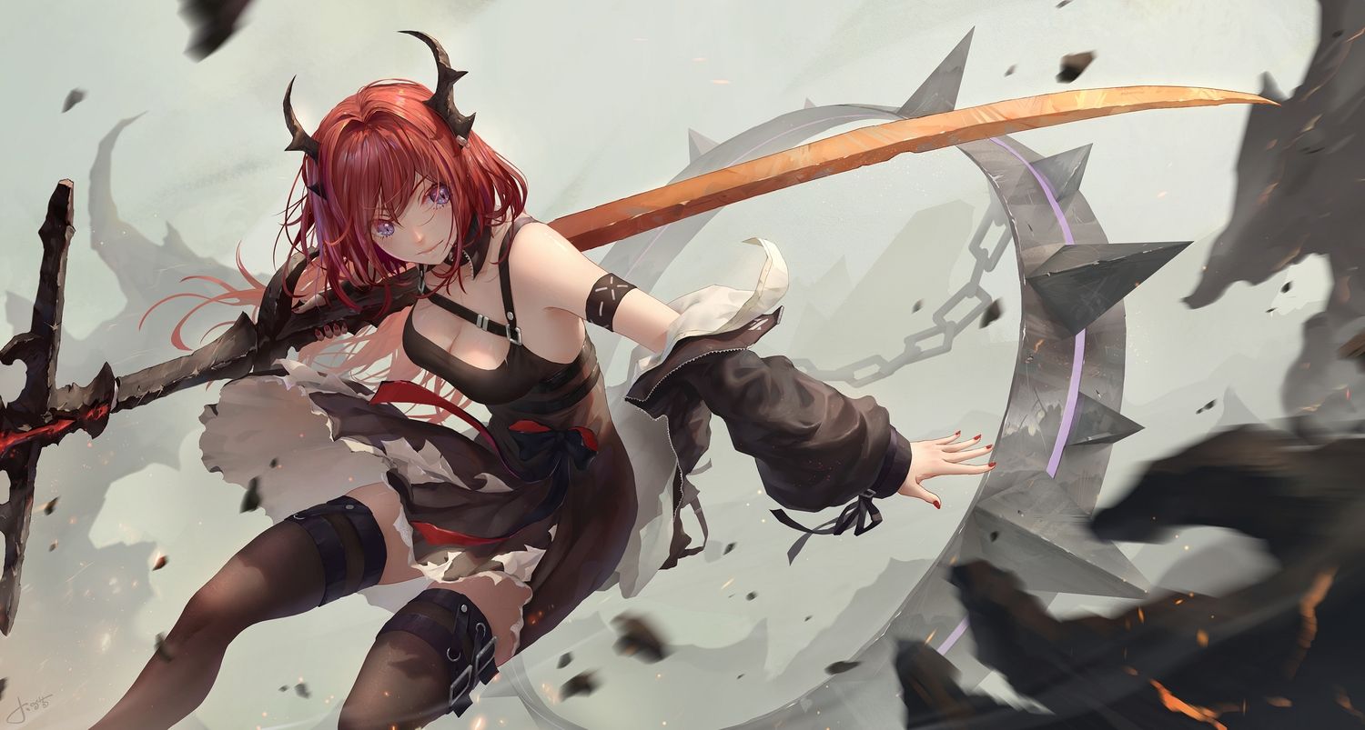 arknights breasts cleavage dress horns jay xu long hair purple eyes red hair signed surtr (arknights) sword thighhighs weapon zettai ryouiki. konachan.net.com Anime Wallpaper