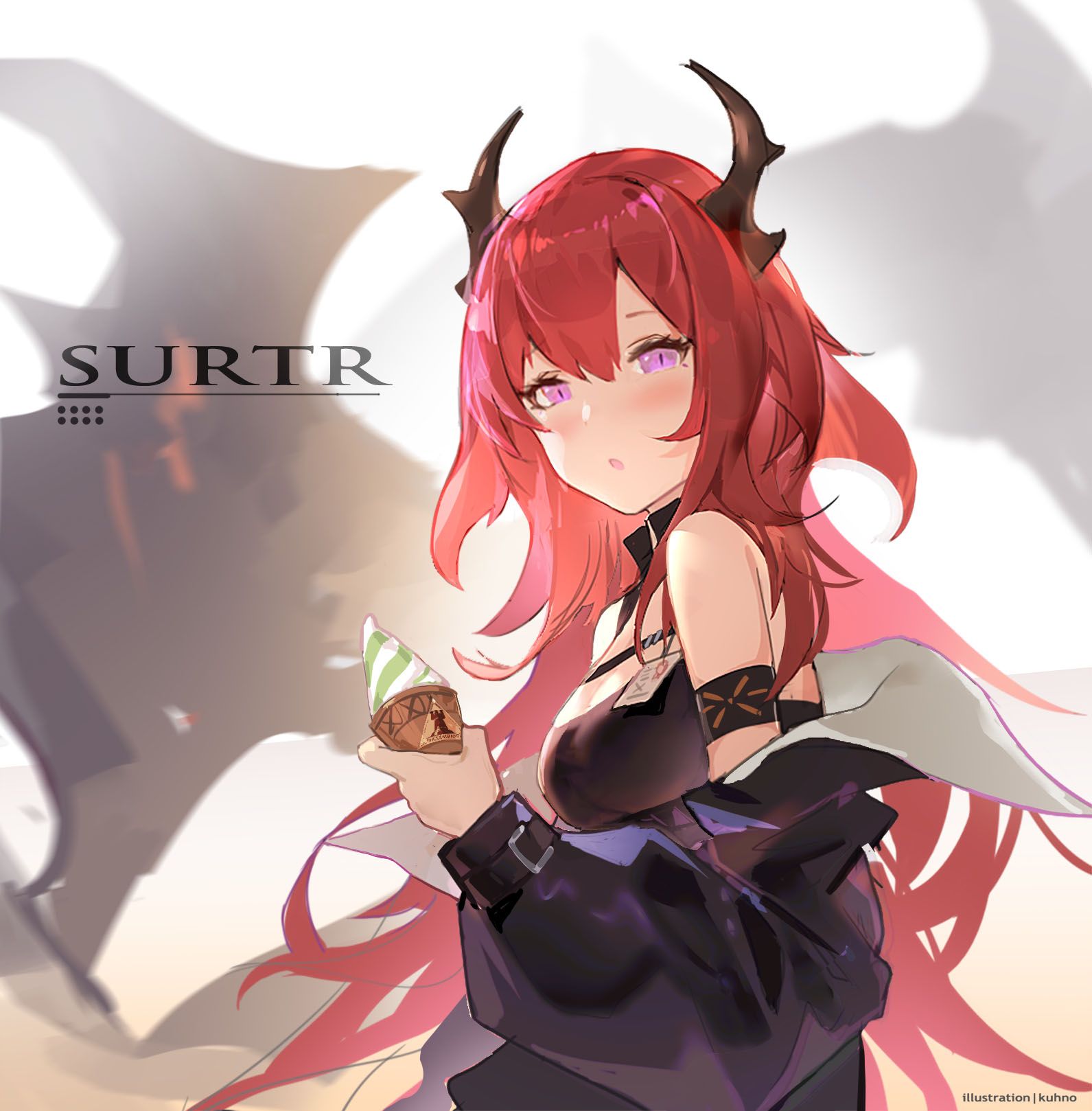 Wallpaper, Kuhnowushi, anime girls, portrait display, Surtr Arknights, horns, redhead 1591x1618