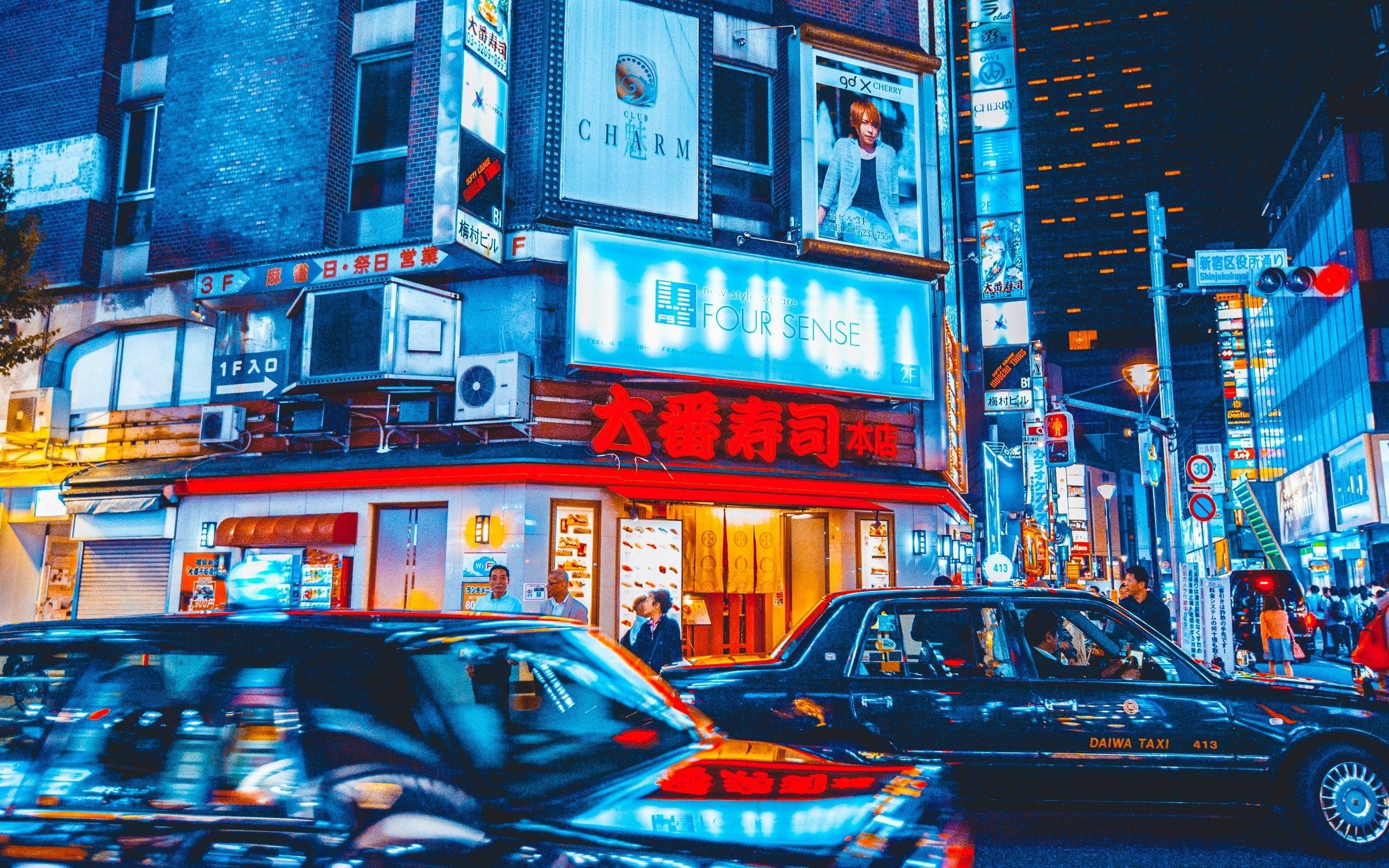 Wallpaper / taxi cabs in a neon soaked street in tokyo, neon soaked tokyo street 4k wallpaper