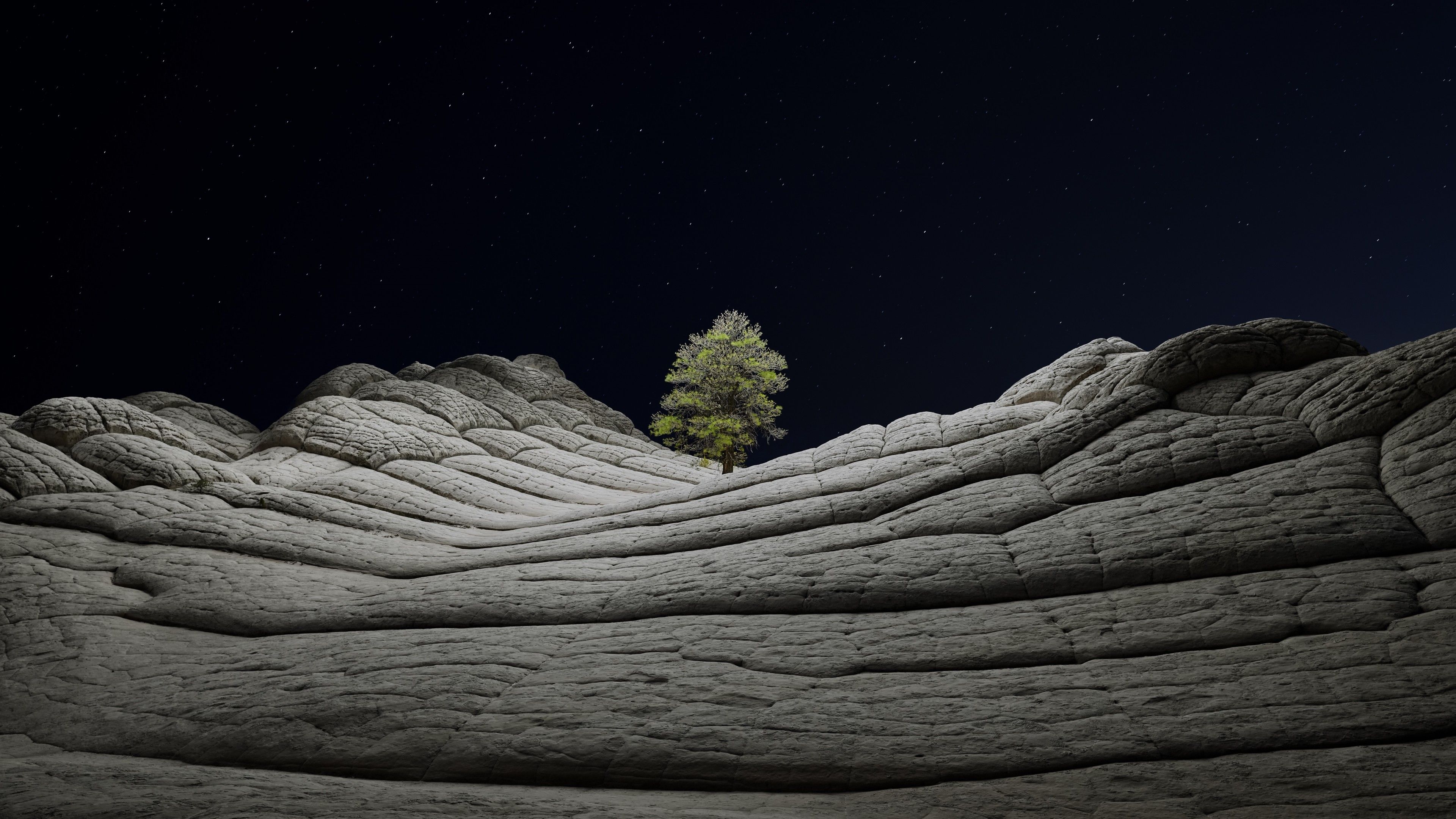 macOS Big Sur 4K Wallpaper, Stock, Night, Lone tree, Sedimentary rocks, Starry sky, Dark, iOS 5K, Nature