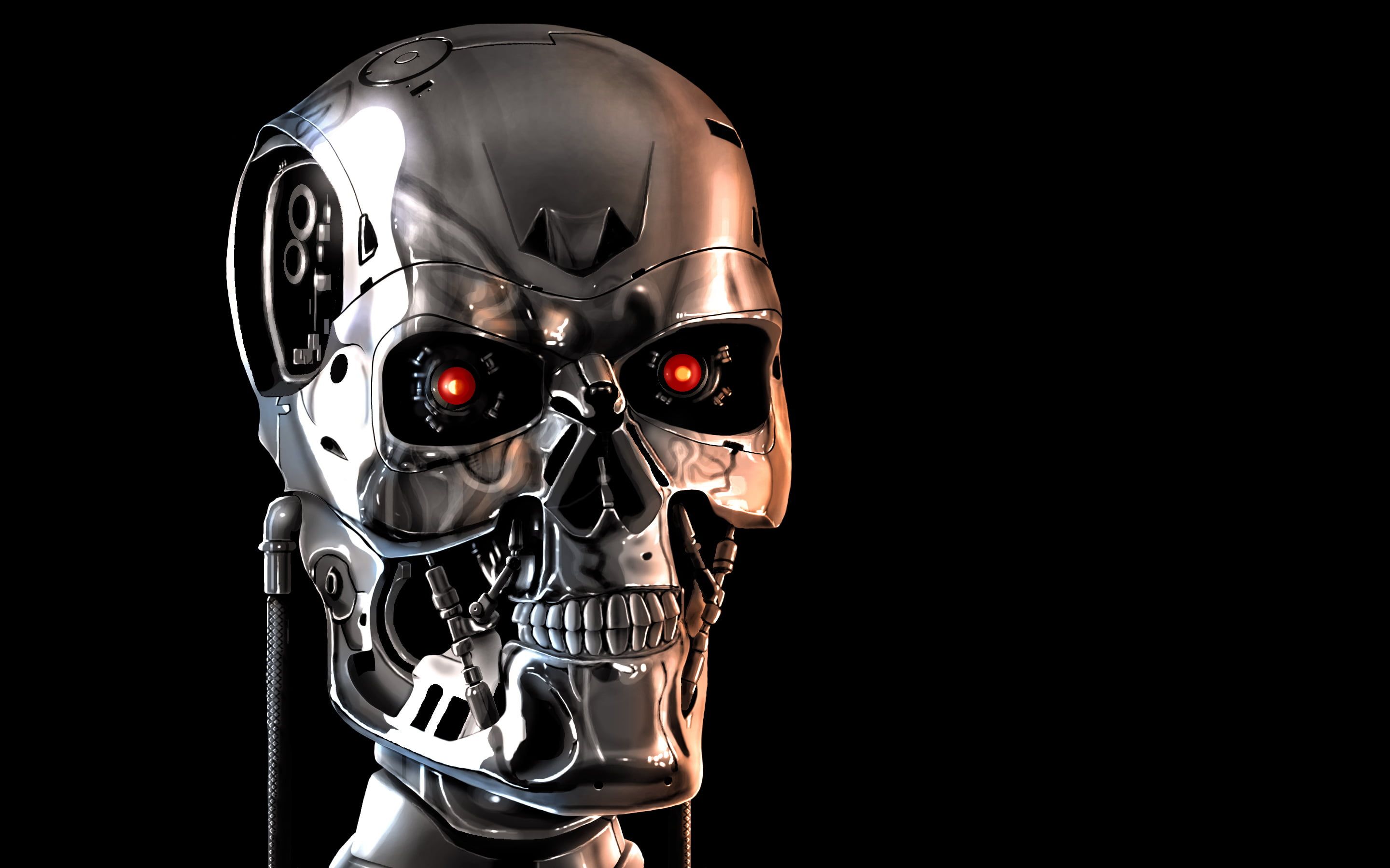 Terminator movie illustration #face #skull #mechanism #robot #terminator #skeleton black background red eyes #term. Robot wallpaper, Terminator, Terminator movies