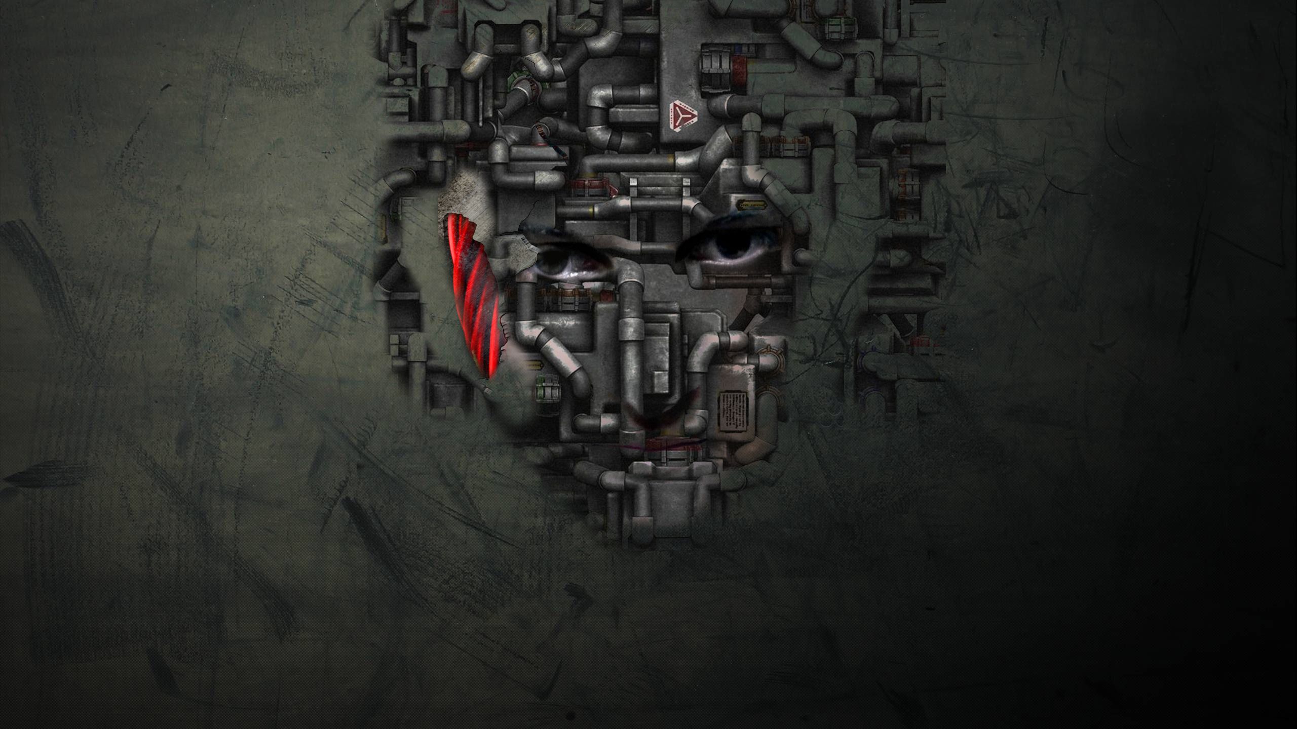 Wallpaper, robot, wall, face, wires 2560x1440
