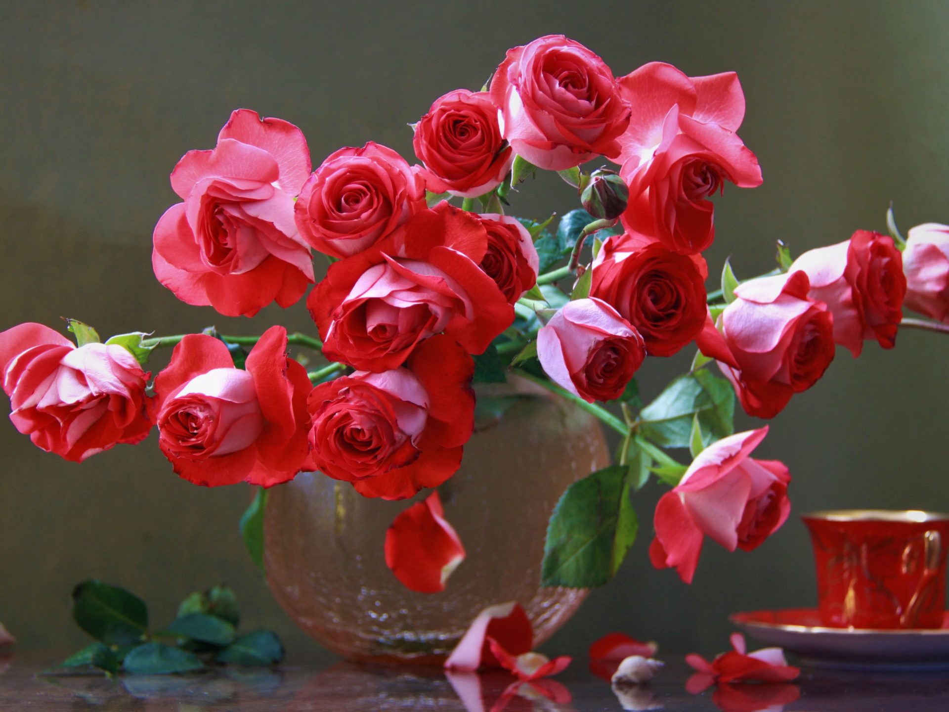 Red roses bouquet vase cup 4K Ultra HD Wallpaper for Desktop, Wallpaper13.com