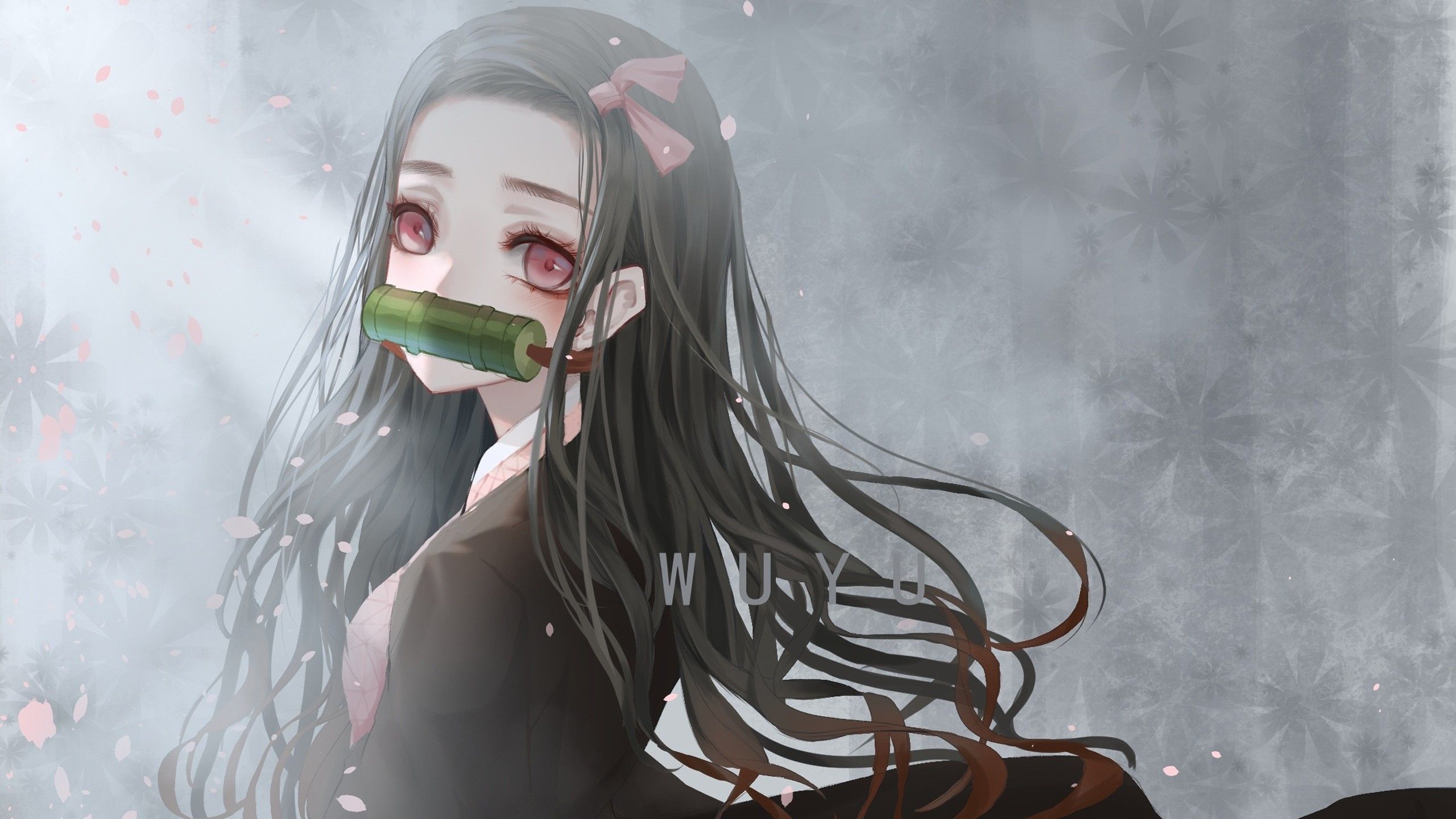 Demon Slayer Nezuko Kamado With Long Hair And Pink Eyes With Background Of Gray Abstract HD Anime Wallpaper