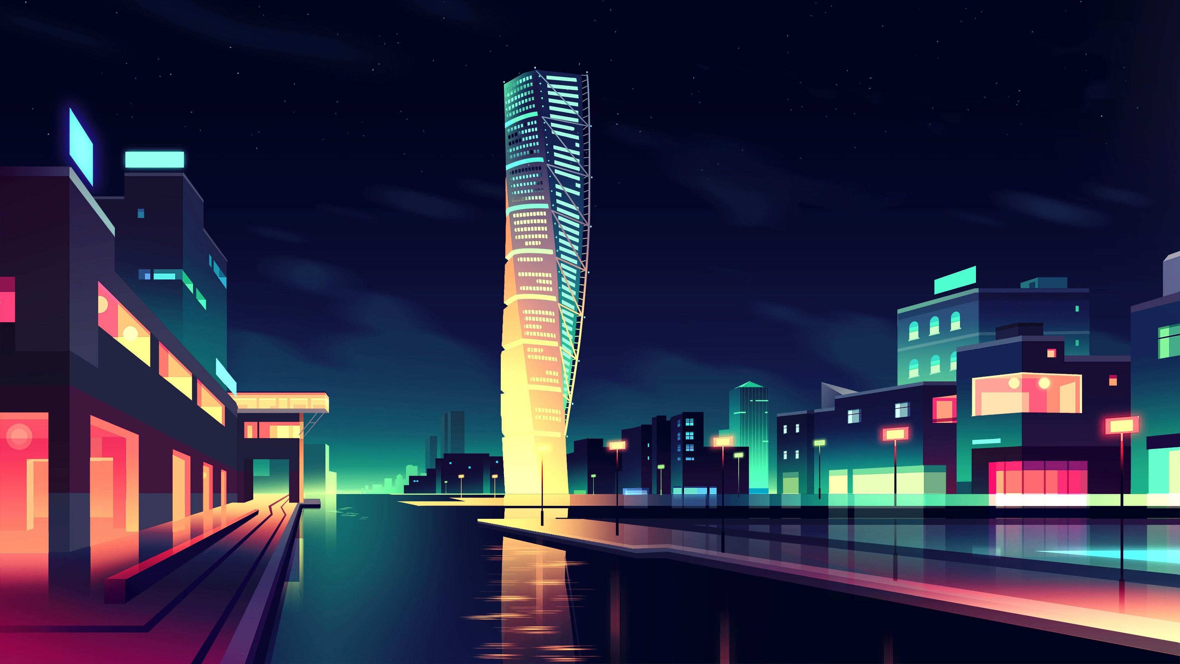 Wallpaper Vector picture, city, skyscrapers, colors, night 3840x2160 UHD 4K Picture, Image
