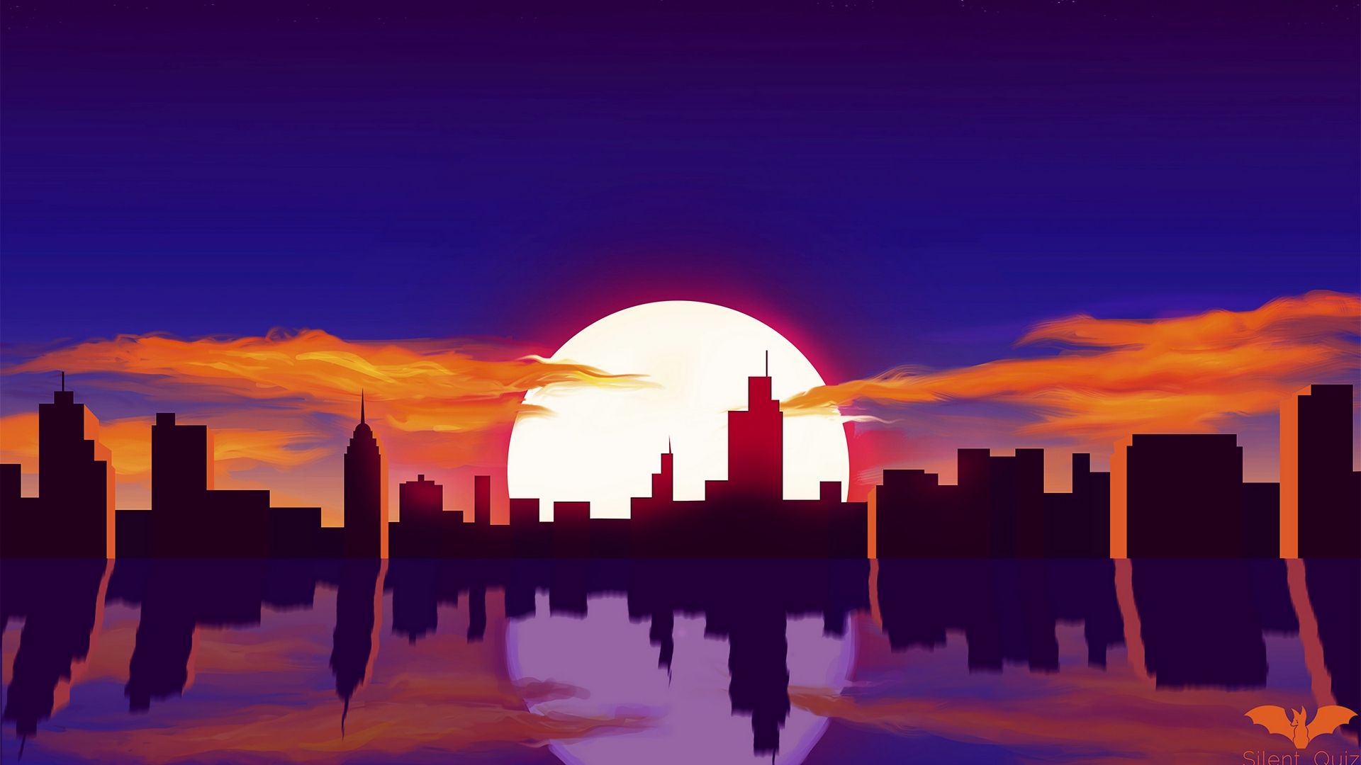 Wallpaper City, Sun, Sunset, Reflection, Art, Vector City Wallpaper 4k