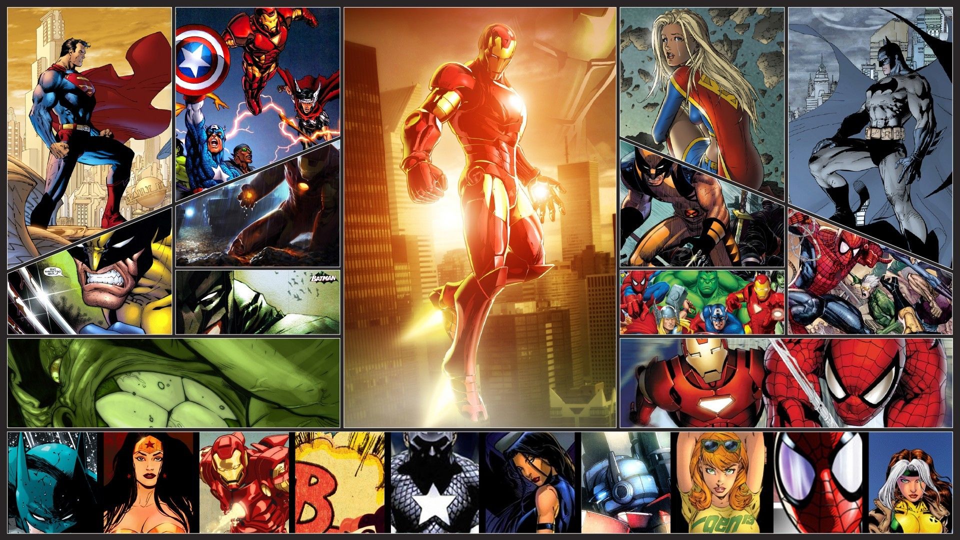 #Spider Man, #Marvel Comics, #Wolverine, #Superman, #collage, #Thor, #Wonder Woman, #Iron Man, #Captain America, #Rogue (character), #Supergirl, #Batman, #Hulk, Wallpaper. Mocah HD Wallpaper