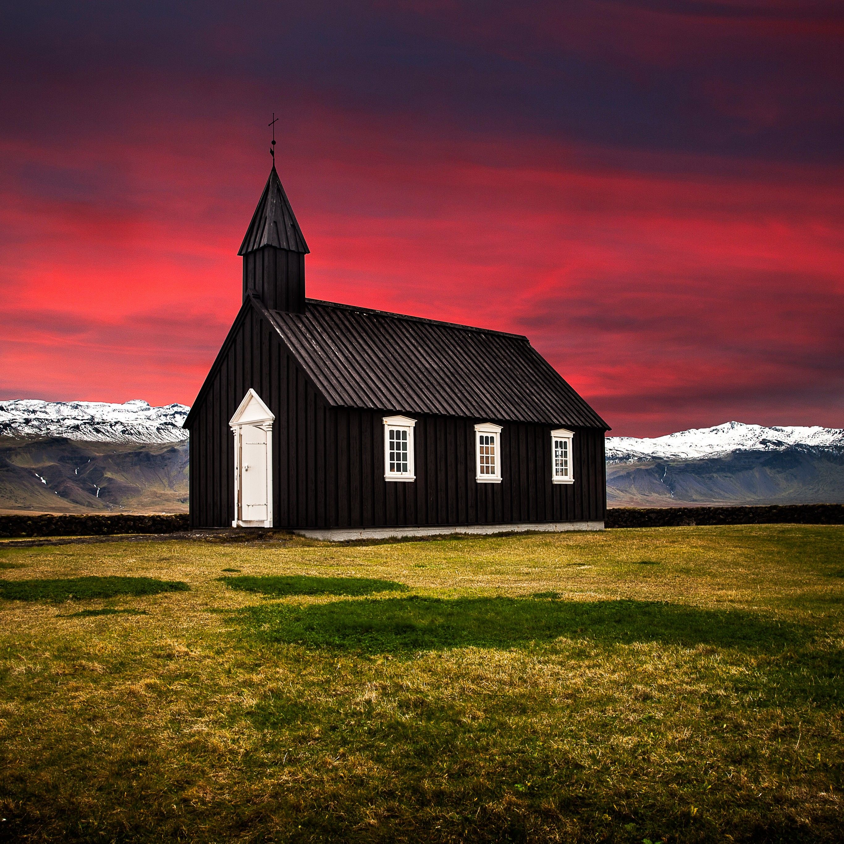 Búðir 4K Wallpaper, Iceland, Church, Hamlet, Landscape, Red Sky, Glacier mountains, World