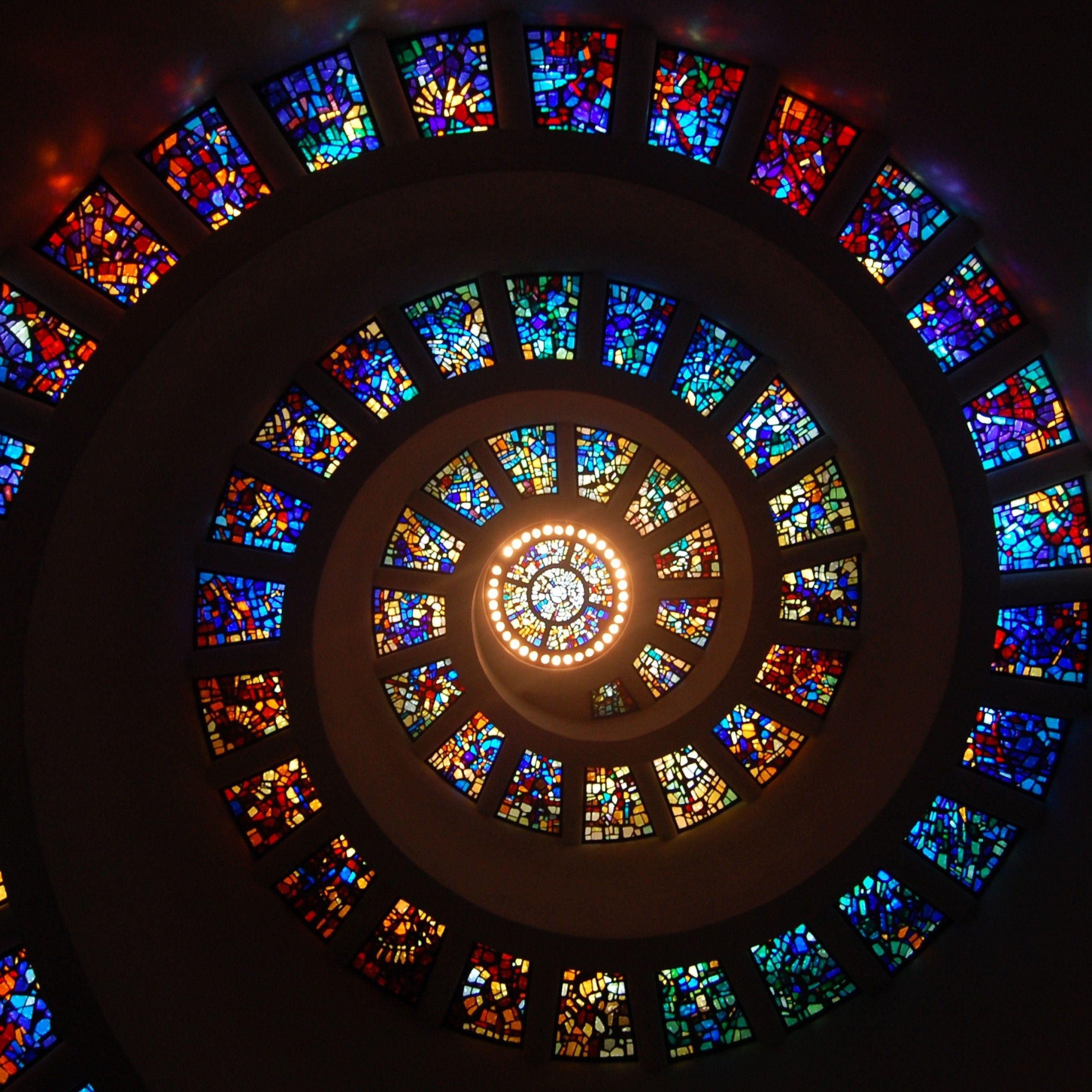 Spiral ceiling 4K Wallpaper, Stained glass, Church, HD, Photography