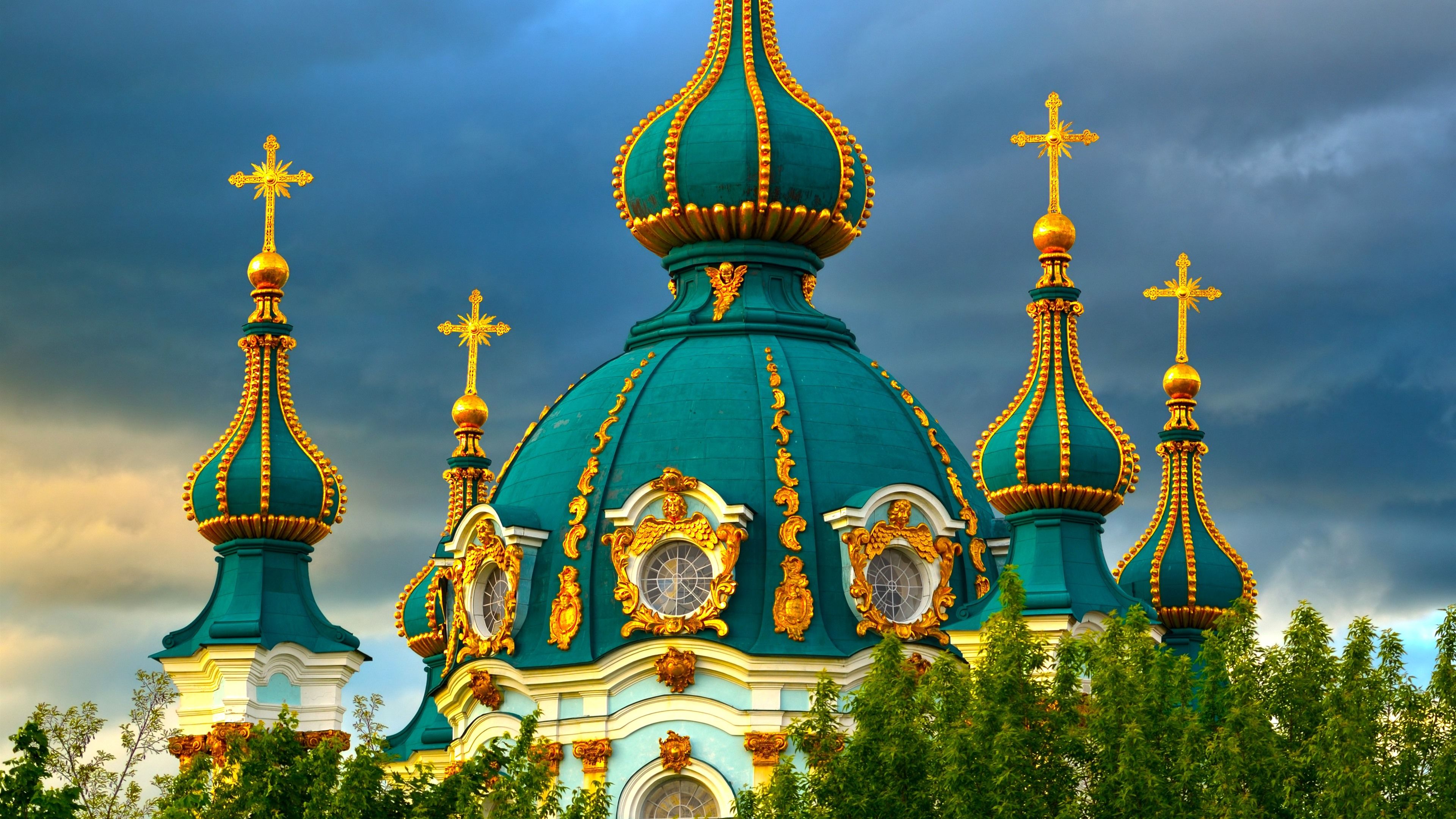 Wallpaper Church, Ukraine, clouds, trees, city 3840x2160 UHD 4K Picture, Image