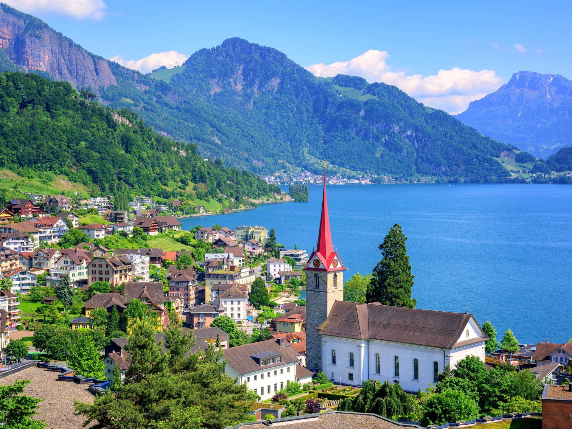 Lake Lucerne In Switzerland Little Swiss Town With Gothic Church On Lake Lucerne And Alps Photo Landscape 4k Ultra HD Wallpaper For Desktop Laptop Tablet Mobile Phones And Tv, Wallpaper13.com