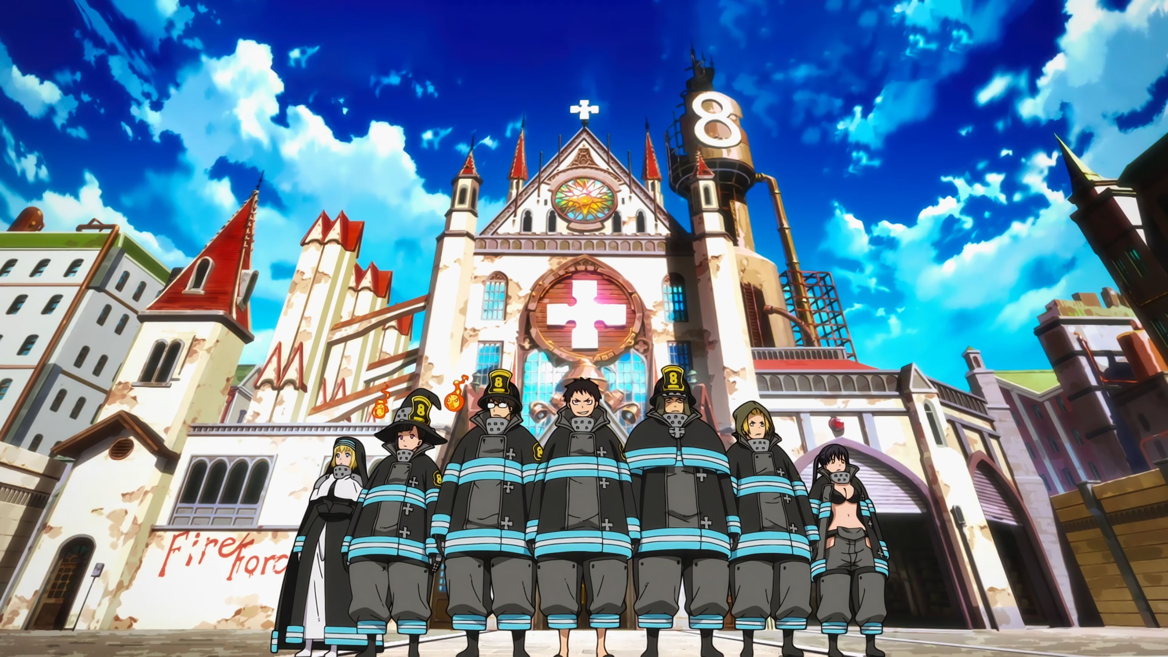 Fire Force Characters Cathedral Church 4K Wallpaper